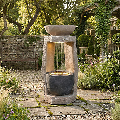 Fontaine de jardin avec effet rideau d'eau et LED - Sculpture aquatique en résine de fibre de verre - Beige et anthracite