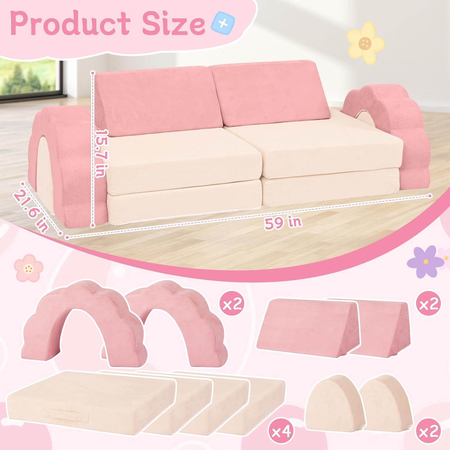 10-Piece Mini Kids Play Couch, Modular Flower Foam Sofa for Toddlers, Convertible Soft Play Sofa with Washable Cover, Indoor Climbing Furniture for Nursery & Playroom, Pink & Beige