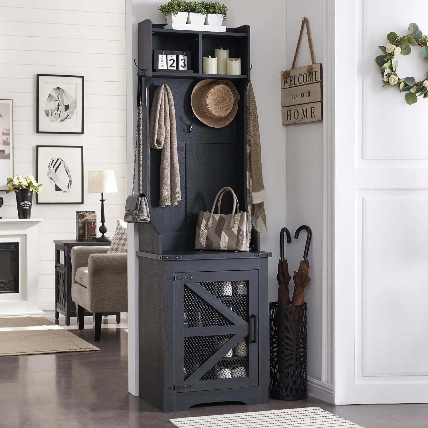 23 Wide Farmhouse Entryway Bench with Coat Rack, Hall Tree Cabinet