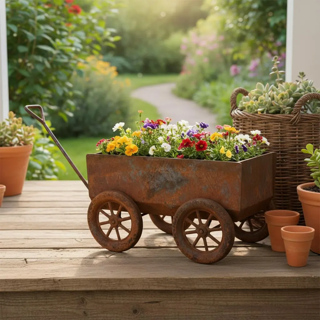 Rustic Metal Wheelbarrow Planter, Weathered Iron Farmhouse Cart, Gardeners Gift, Indoor Outdoor Decor