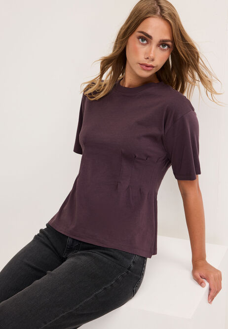 Womens Plum Pintuck Waist Cotton T-Shirt