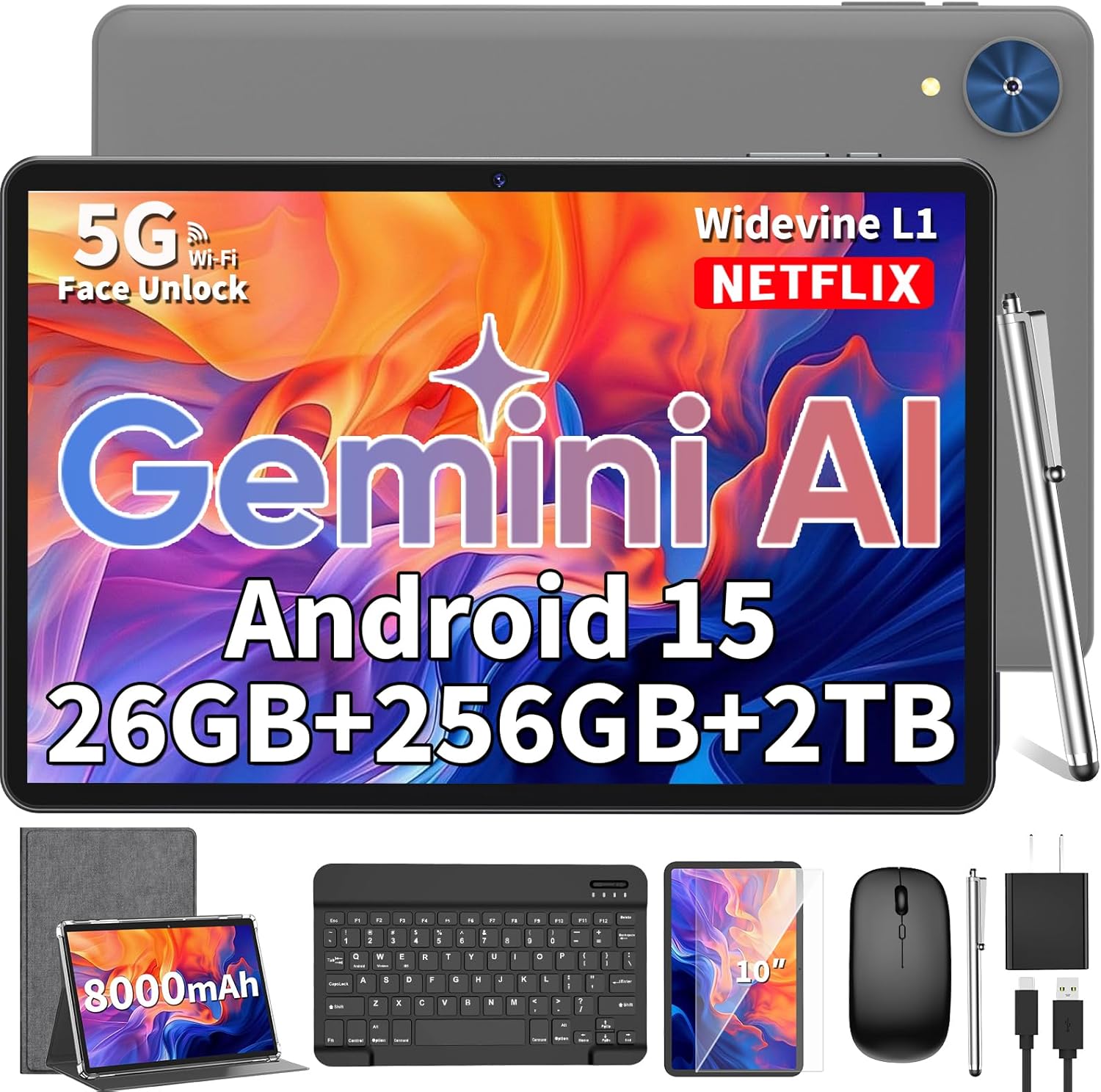 2026 Android 15 Tablet, 10 inch Tablet with Keyboard, 24GB+256GB+2TB Expand, 2-in-1 Tablets with 8-Core, 5G WiFi, 8000mAh, BT5.0, GMS, GPS, Gemini AI, Tablets PC with Mouse, Case, Stylus (Silver)