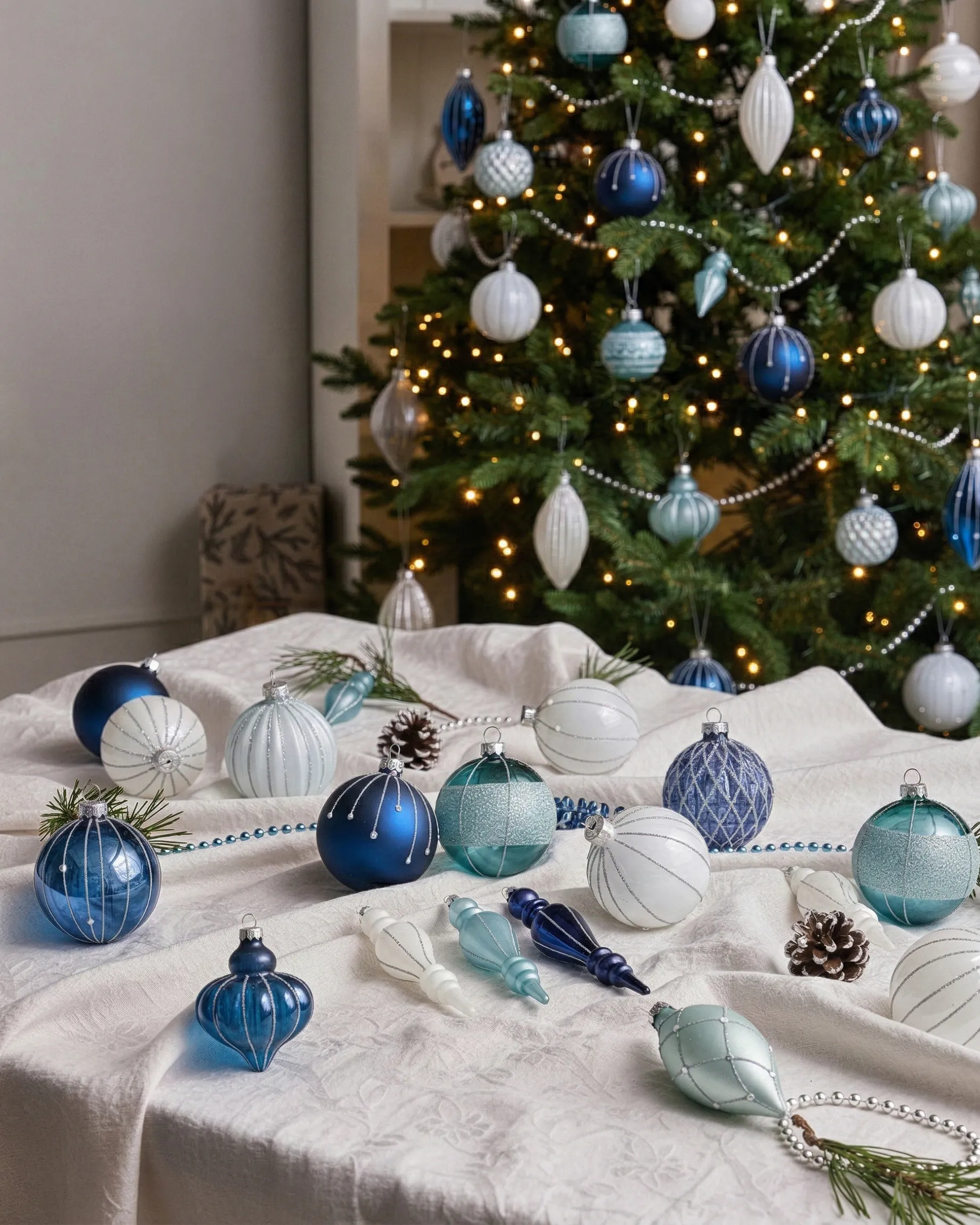 Set of 35 Baubles SNOWFALL Glass Blue