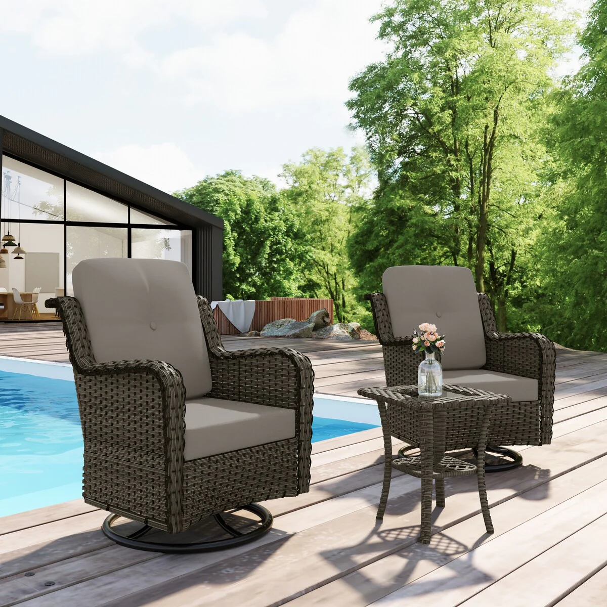 3-Piece Patio Rattan Swivel Cushioned Rocking Chair Set With Side Table