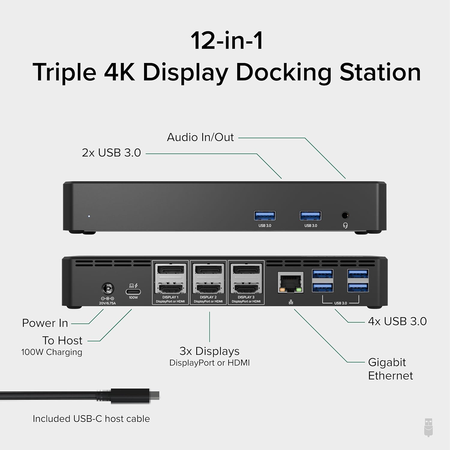 Plugable 12-in-1 USB C Triple Monitor Docking Station  Triple 4K Displays with 3X HDMI or 3X DisplayPort  Compatible with Mac  Windows  Thunderbolt  USB4  USB-C (100W PD  6X USB Ports  Ethernet)