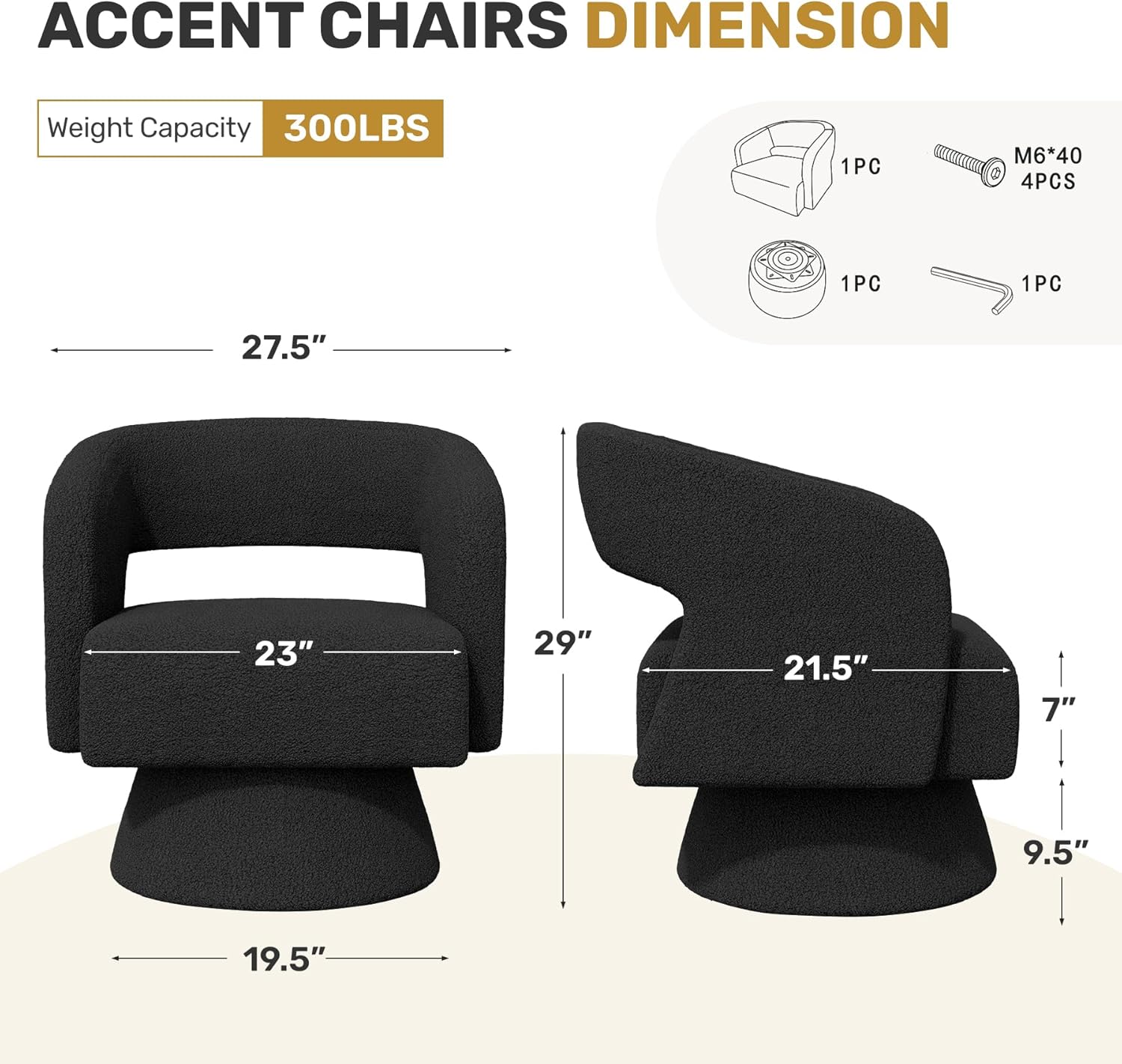 Swivel Accent Chair Set of 2, Modern Comfy Teddy Barrel Chairs, Oversized Upholstered Round Arm Chair for Living Room, Bedroom, Reading Room, Black