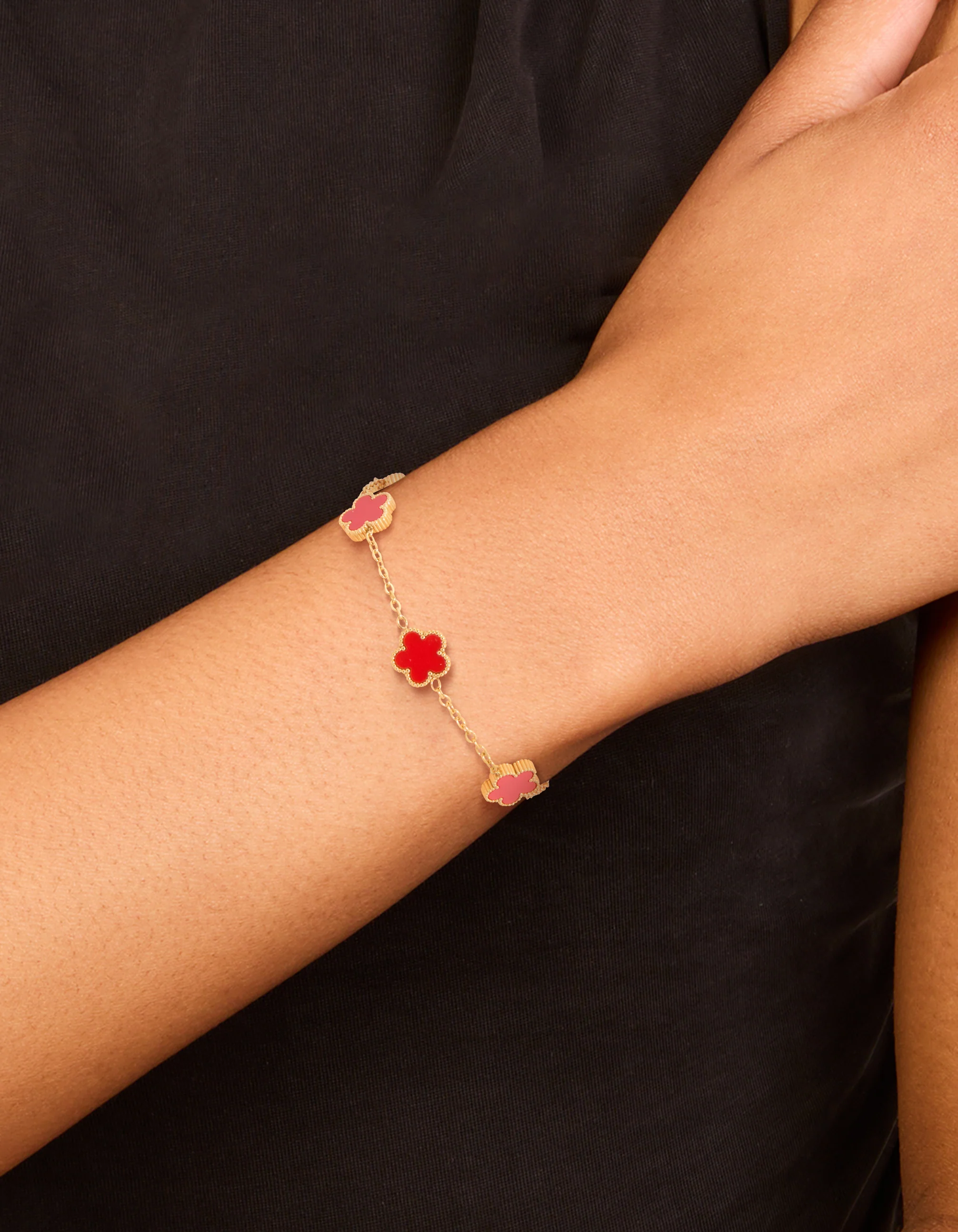 Waterproof Gold Plated Stainless Steel Red Shell Petal Flower Charm Bracelet