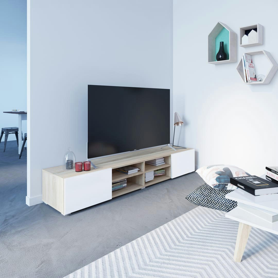 PODIUM - Meuble TV effet bois chêne naturel et blanc