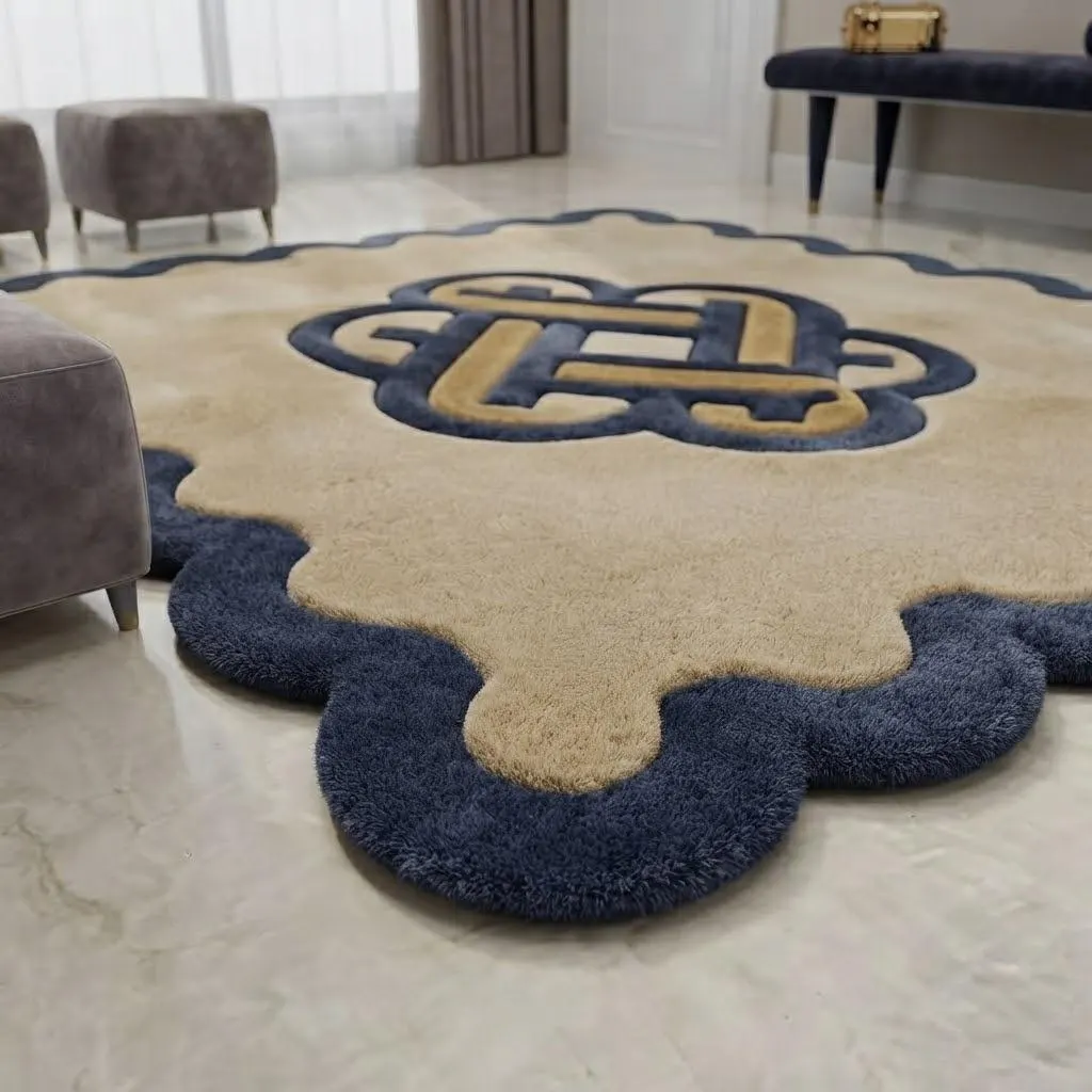 Hand Tufted Wool Rug, Navy Gold Celtic Knot Design, Scalloped Wavy Border Area Rug, Luxury Living Room Carpet, Custom Size Bedroom Rug