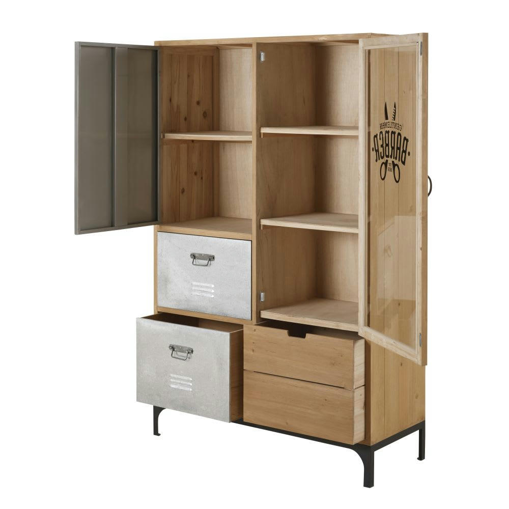 Harvey - Vitrine 2 portes 3 tiroirs en sapin massif, verre et métal