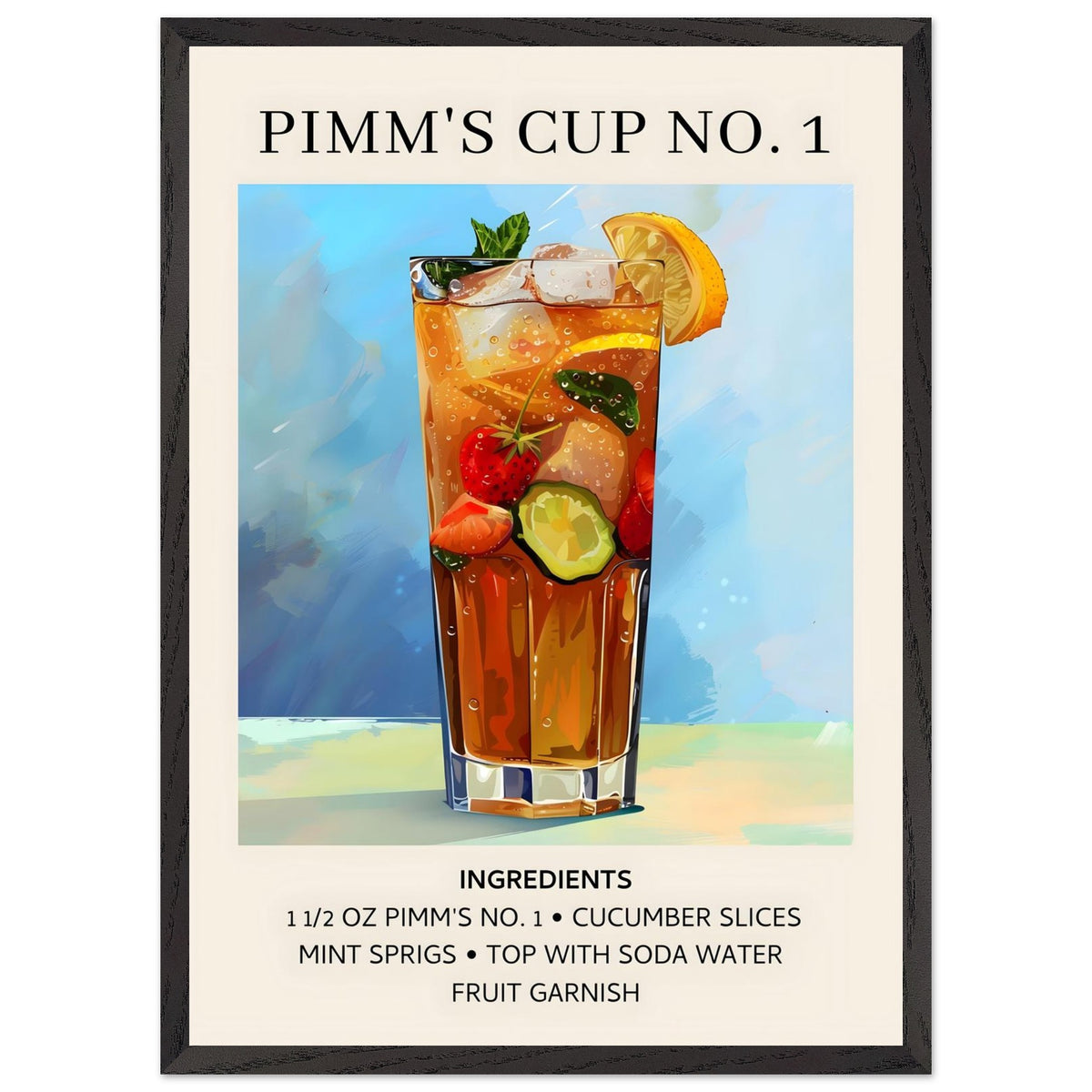 Artfulprints Poster met Lijst Pimm's Cup No. 1 cocktail - Ingrediënten  - 50x70 cm - Blauw