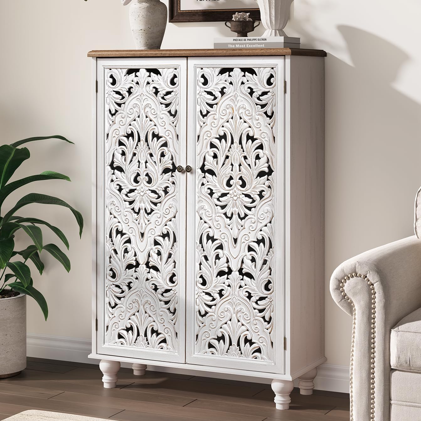 JOINICE 47 Tall Accent Cabinet with Carved Doors, Distressed White Wood Storage Cabinet with 3-Tier Shelves, Boho Farmhouse Sideboard Buffet for Small Spaces, Entryway & Living Room