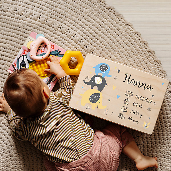 Creative Deco Boîte en Bois Personnalisée pour Naissance - Motif éléphant - 30 x 20 x 14 cm - Cadeau Souvenir Bébé Personnalisable