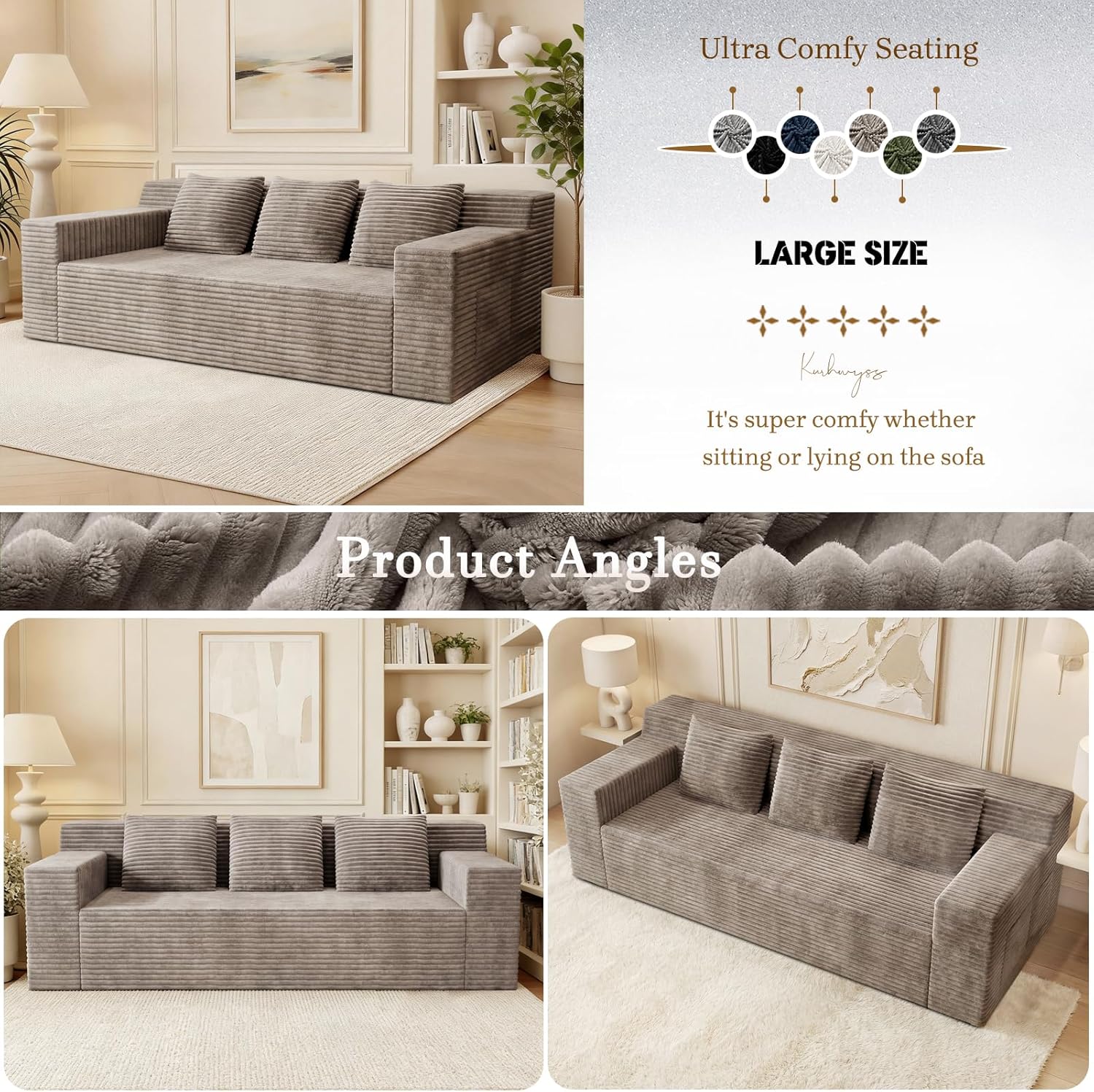 Kurhwyss 71 Corduroy Living Room Sofa, 3 Setaser Deep Seat Couch with 3 Lumbar Pillows, Comfy Boneless Sofa Modern Compressed Couch for Bedroom, Office, Apartment, No Assembly, Flat Armrests (Camel)