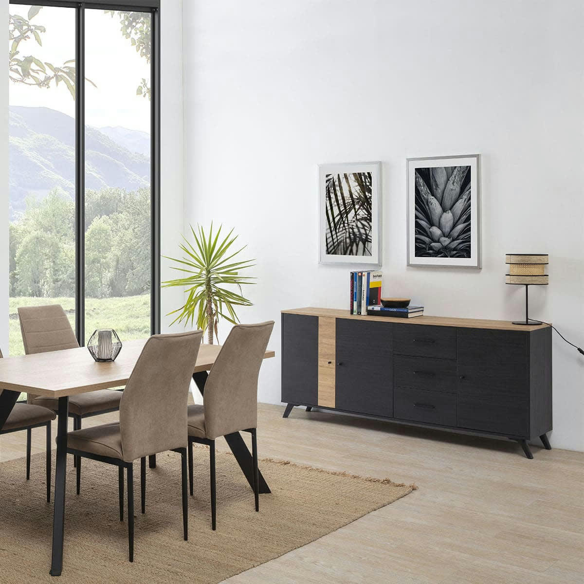 ZACK - Buffet 3 portes 3 tiroirs effet bois noir et bois naturel 180 cm