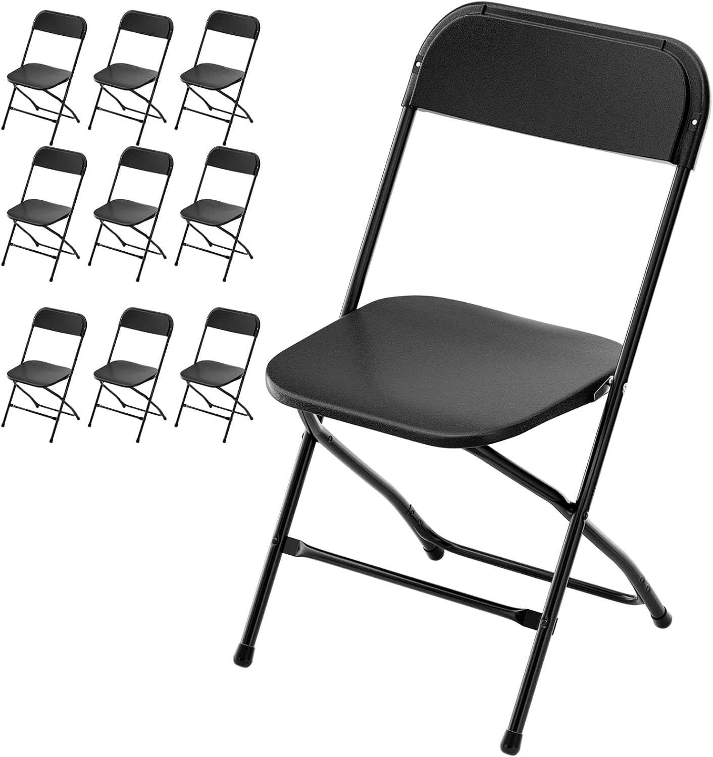 Bonnlo Folding Chairs Set of 10, Black Plastic Chair Sturdy Seat with Metal Frame, Perfect for Party, Event, Wedding, Birthday, Office, Outside Entertaining