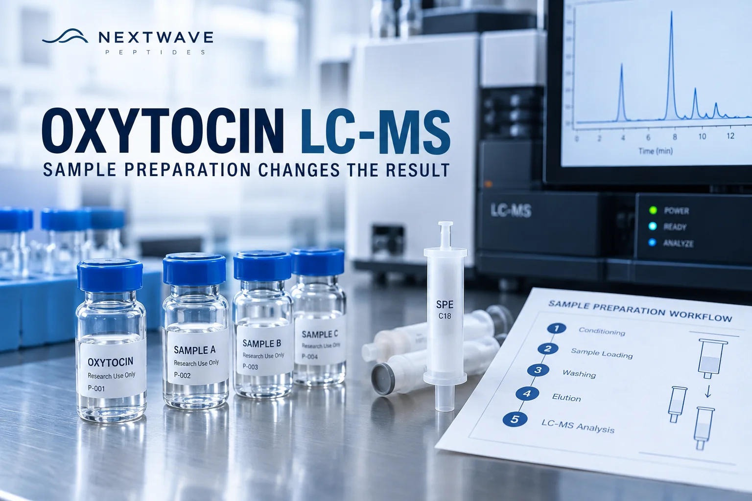 Oxytocin research vials, solid-phase extraction cartridges, and an LC-MS instrument illustrating sample-preparation variables.
