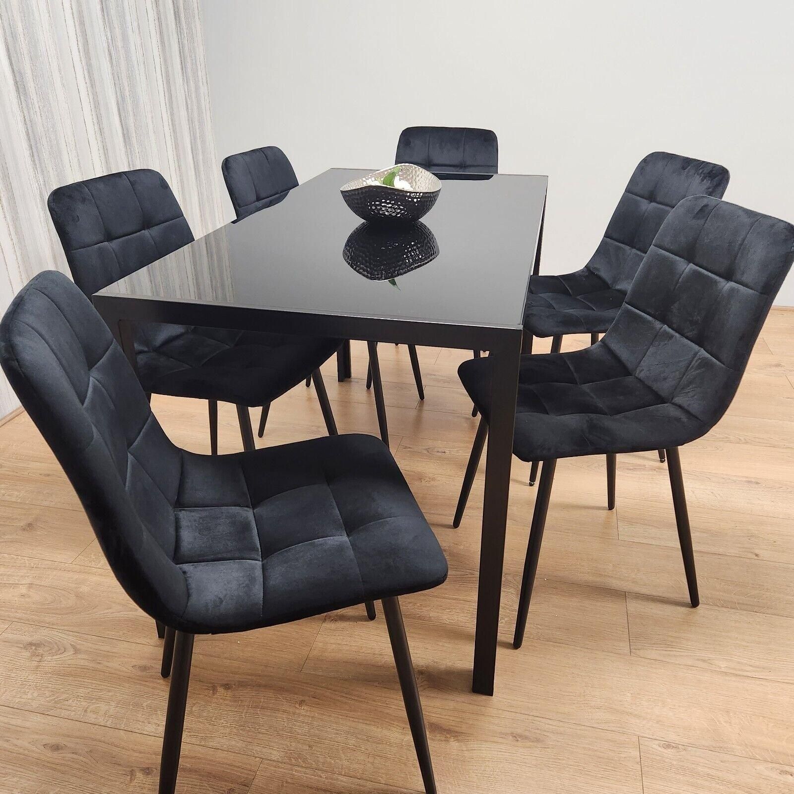 KOSY KOALA Black Kitchen Dining Table And 6 Black Tufted Velvet Chairs Set Of 6 Dining Room Furniture