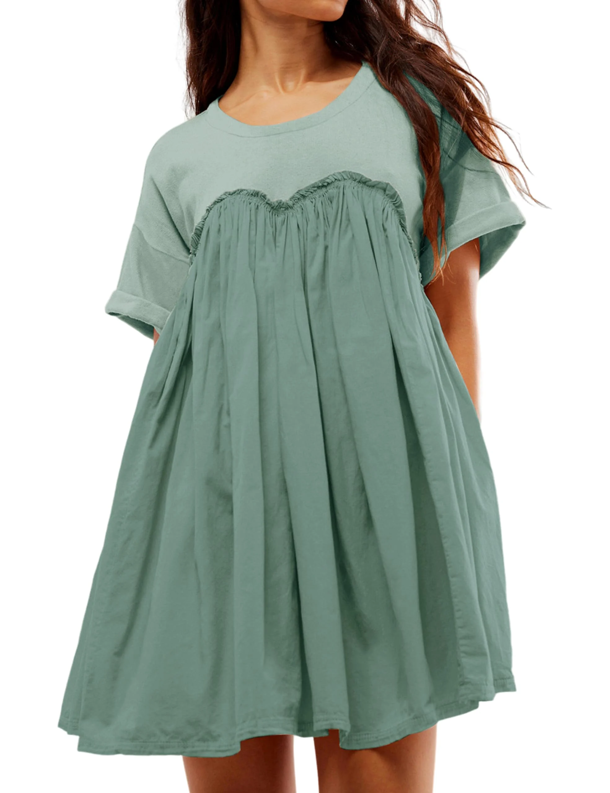 (BUY 2 FREE SHIPPING)2024 Women's Round Neck Pleated Mini Dress with Pockets