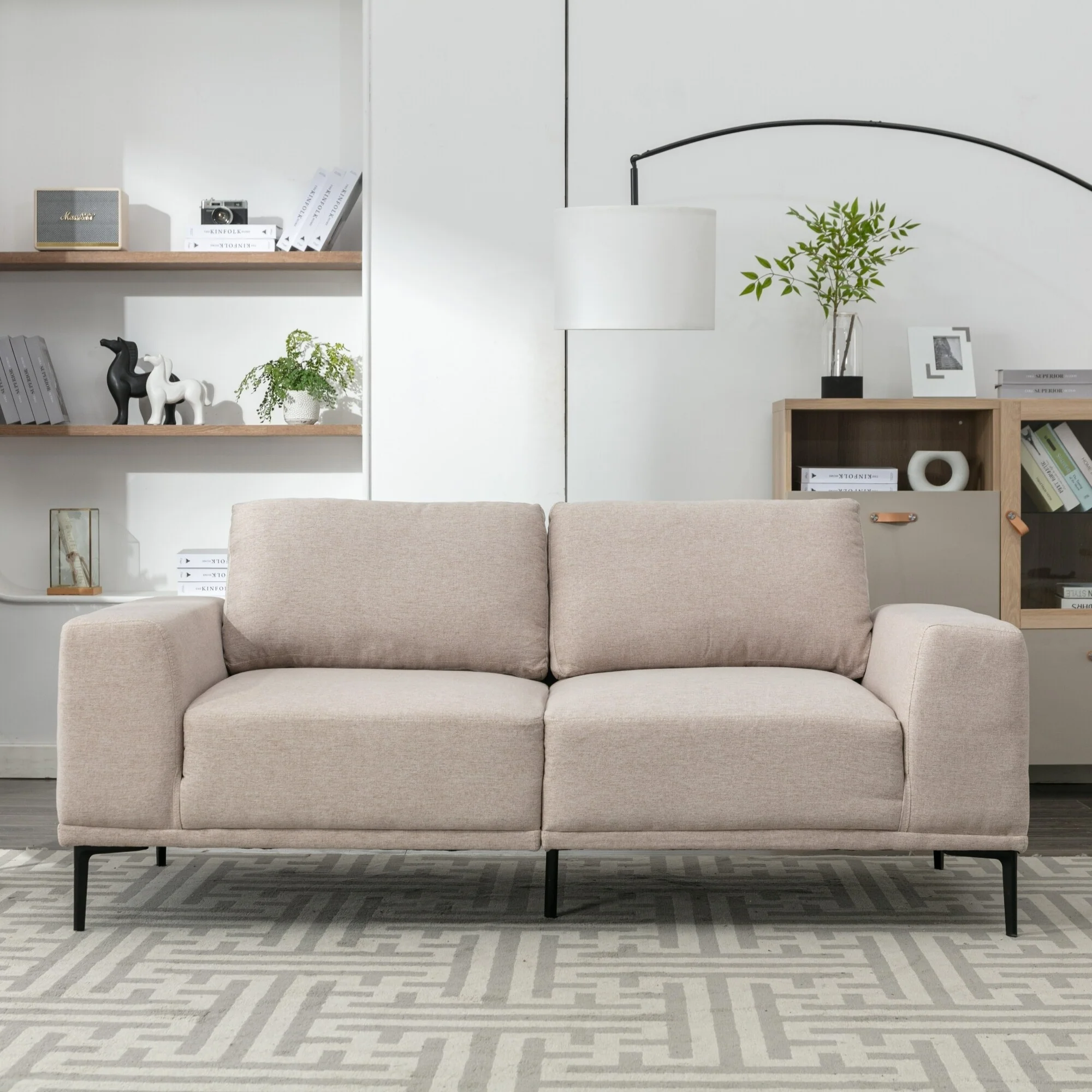 Beige 74.8'' Modern 2-Seater Fabric Sofa with Iron Legs and Comfortable Cushions for Living Room or Bedroom