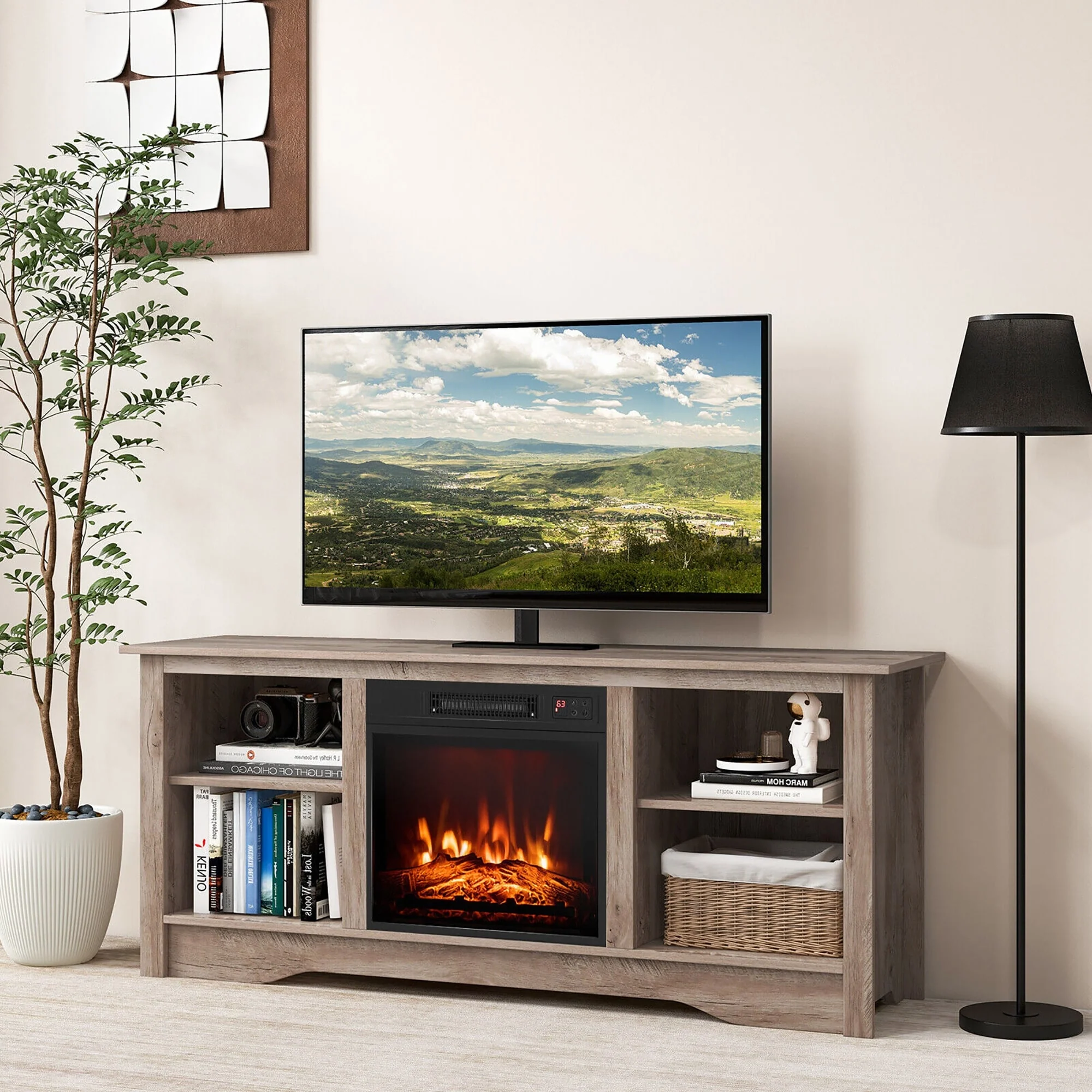 Gymax 58'' TV Stand w/ 18'' Electric Fireplace Heater 3-Adjustable