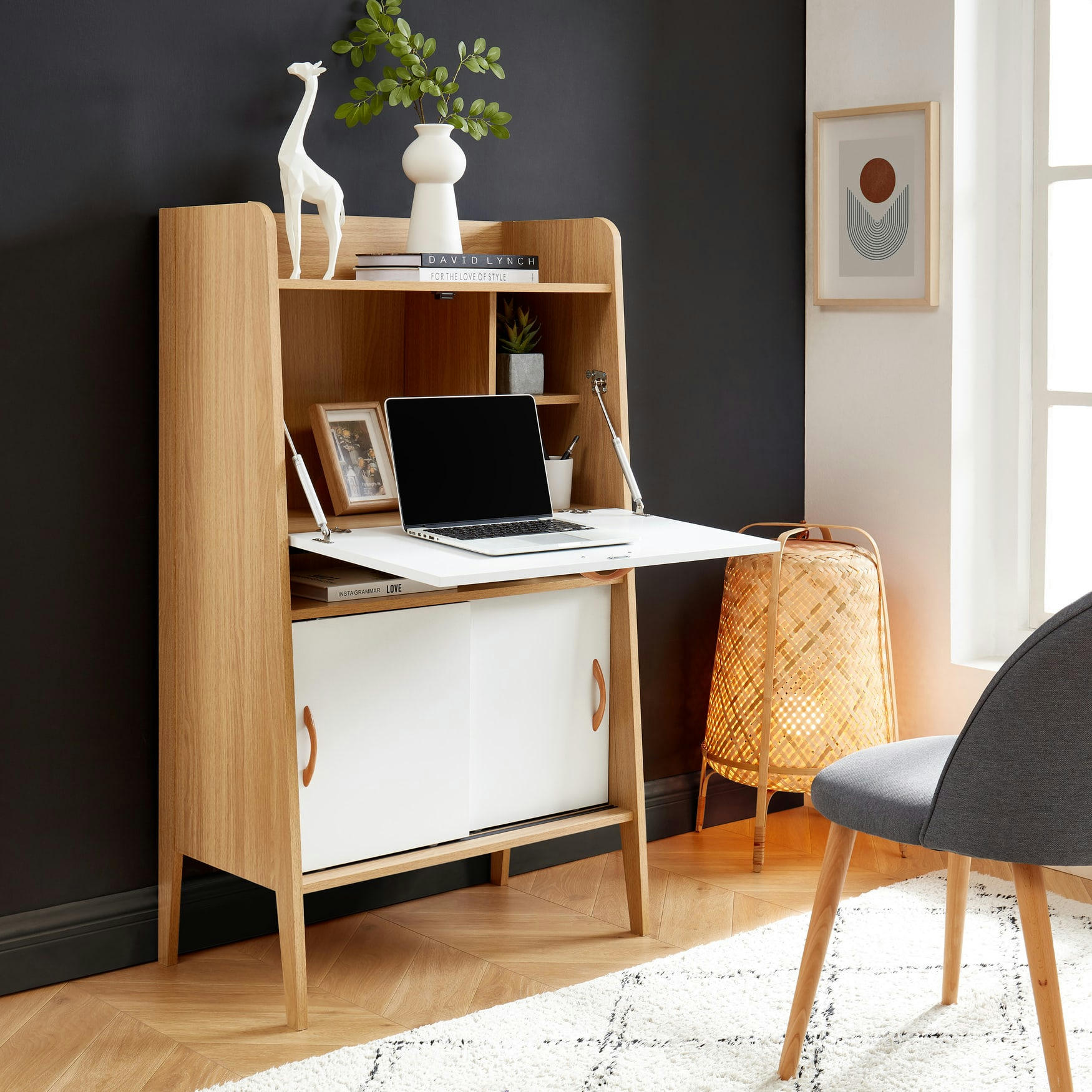 SMART - Secrétaire   blanc et effet bois et chêne  75cm