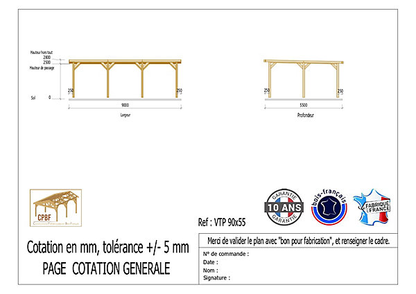 Carport toit plat 900cmx550cm Bois DOUGLAS Français label PEFC (Charpente - Auvent - Abri voiture ) surface 49 m²