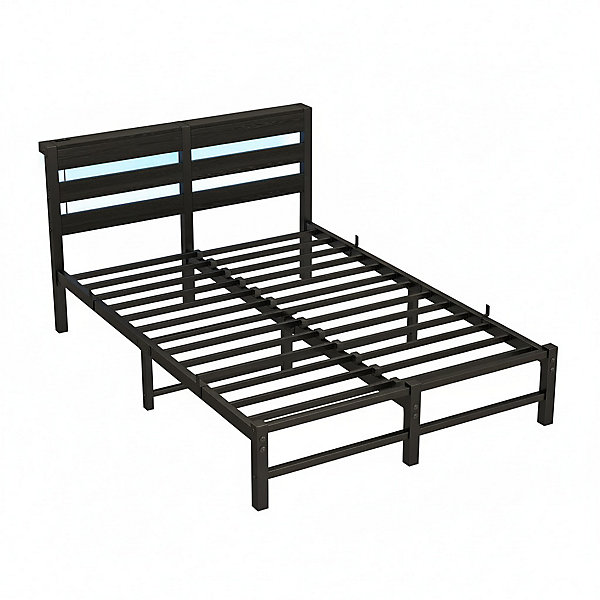 Cadre lit LED 120x200 cm, recharge USB, rangement sous matelas, métal