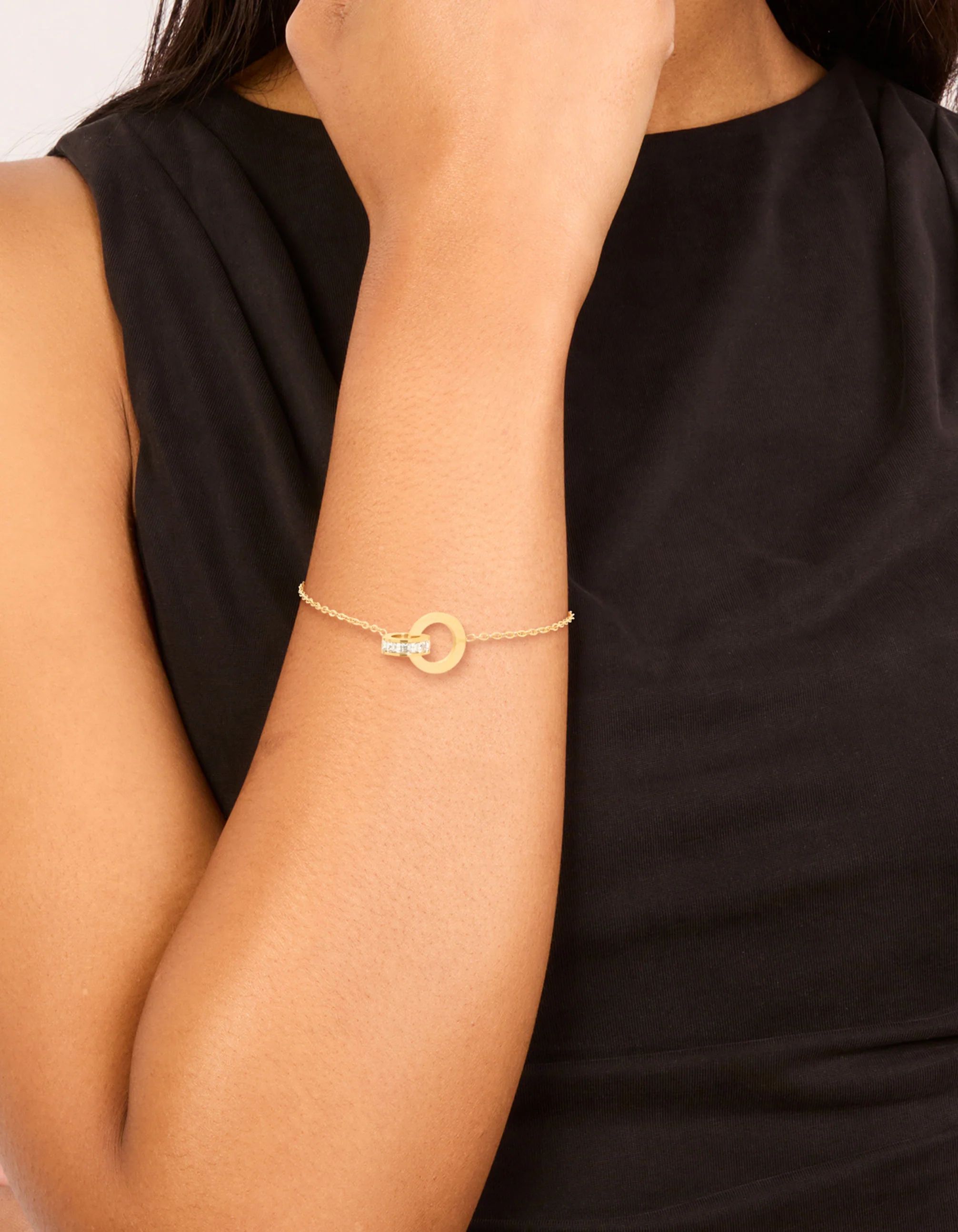 Waterproof Gold Plated Stainless Steel Diamante & Circle Link Chain Bracelet