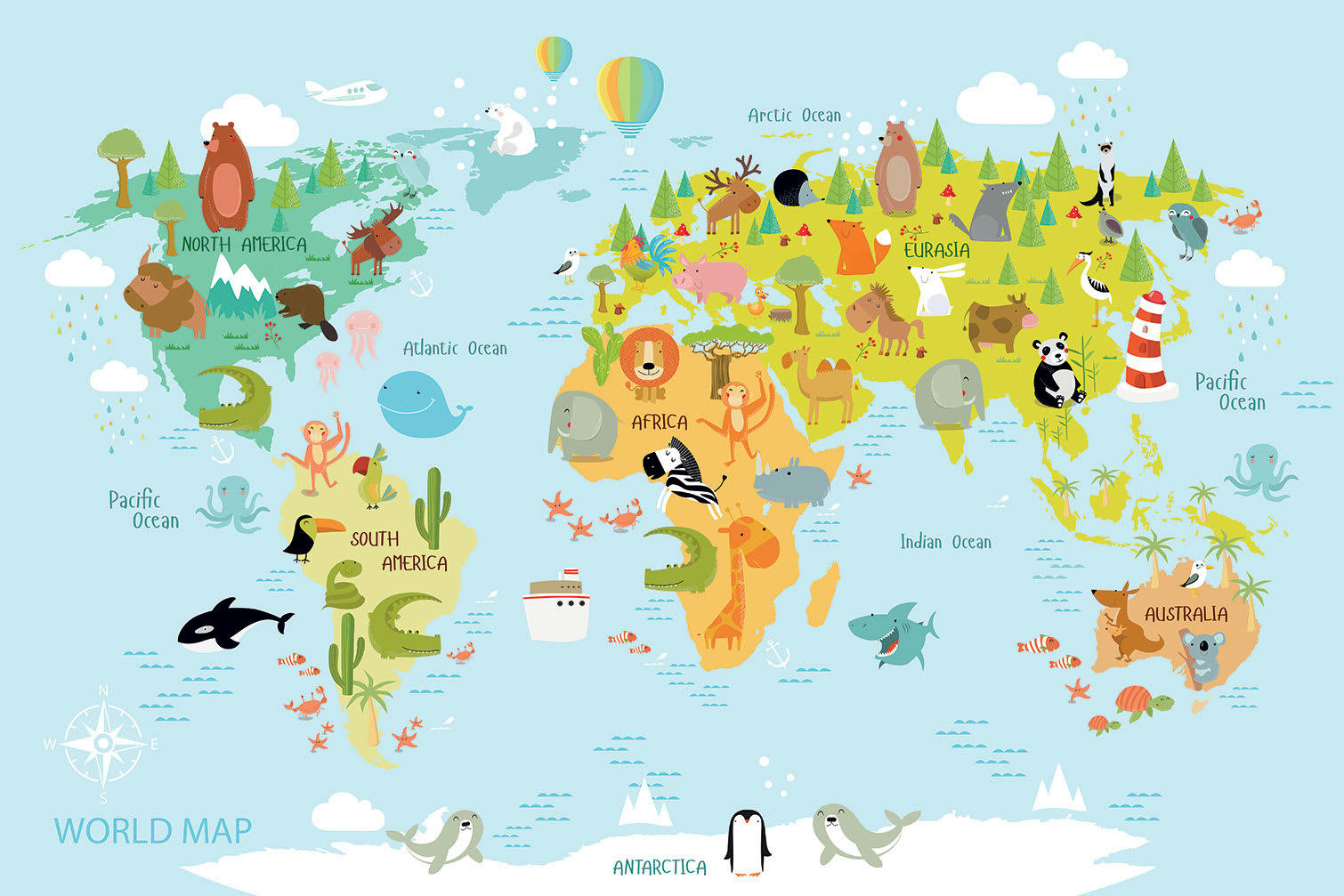 - Tableau world map and animals toile imprimée 120x80cm