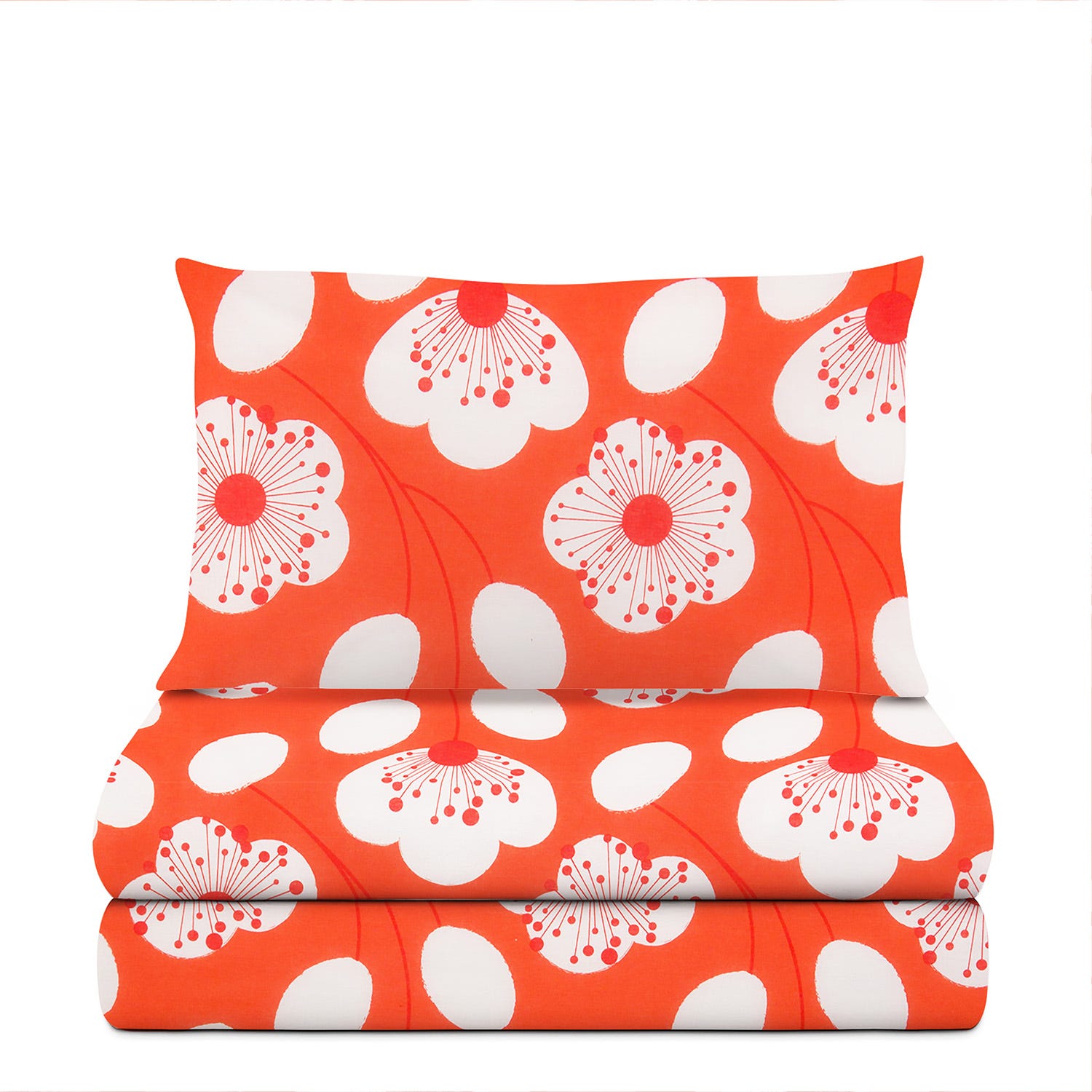 Completo letto singolo corallo fiori bianchi
