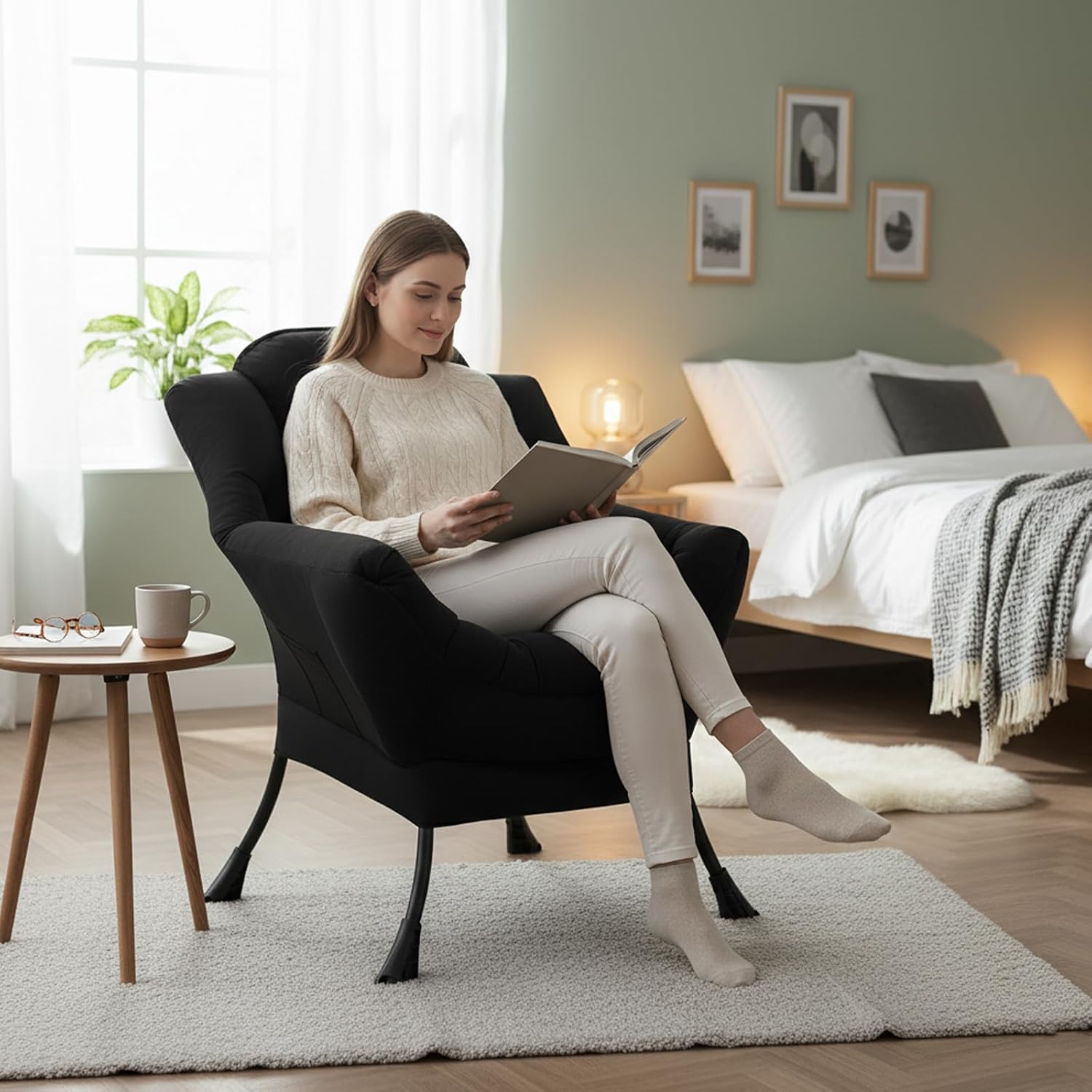 Welnow Black Single Lazy Chair for Living Room, Modern Reading Accent Chair with Armrests and a Side Pocket, Leisure Lazy Sofa Chair for Small Space, Bedroom, Dorm