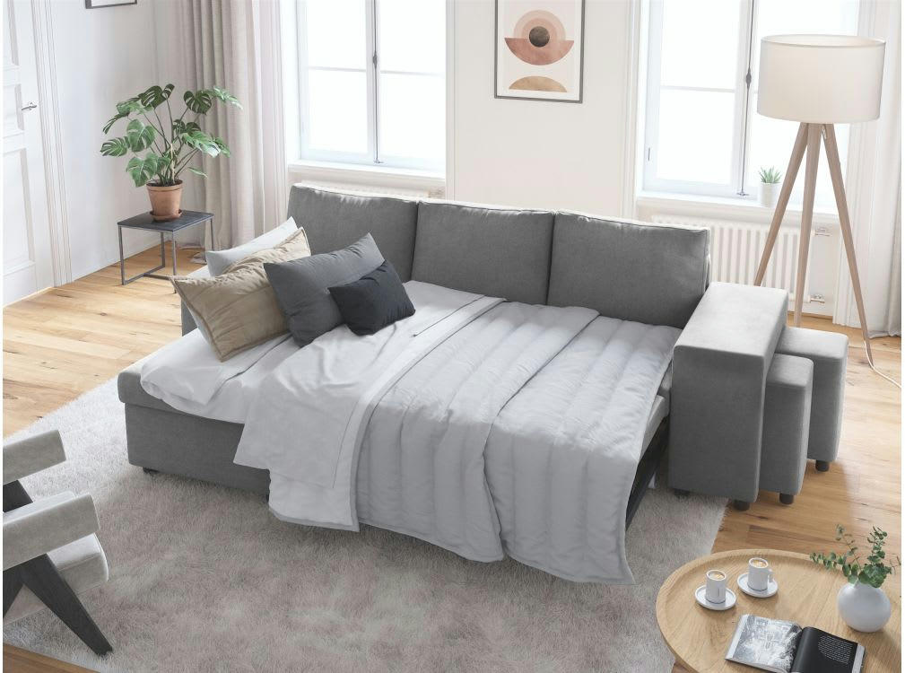 OSLO - Canapé d'angle gris convertible avec rangements poufs à droite