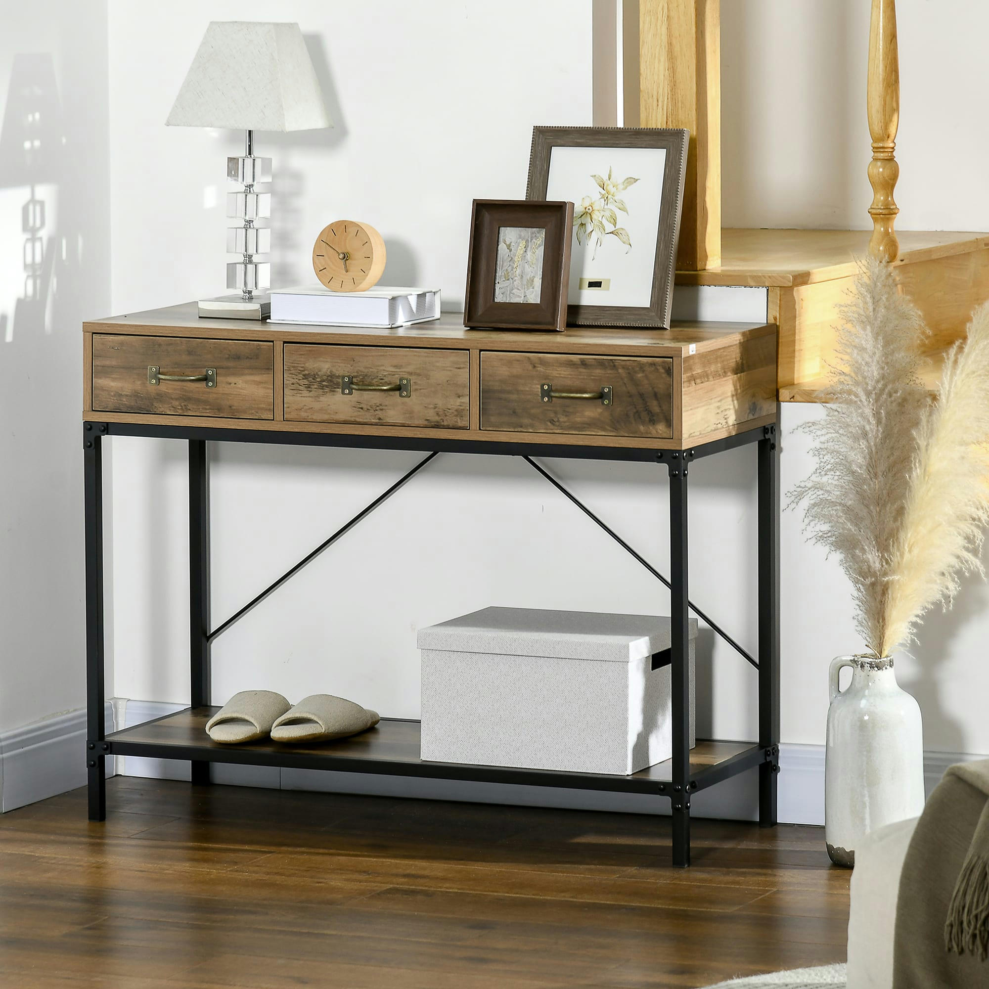 - Console style industriel 3 tiroirs étagère acier noir bois vieilli