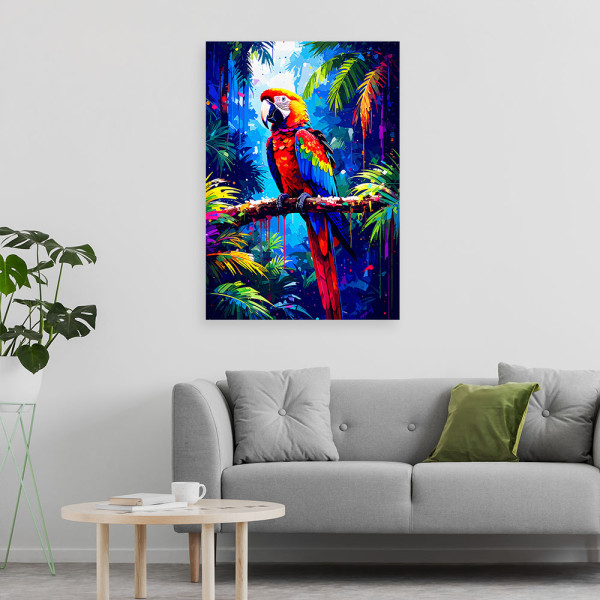 Obraz do salonu pokoju, Kolorowa Papuga na gałęzi 20x30