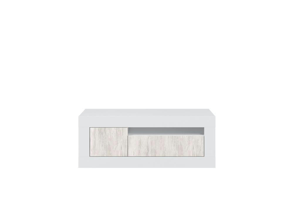 GWEN - Meuble TV design blanc/bois avec 2 portes L139cm