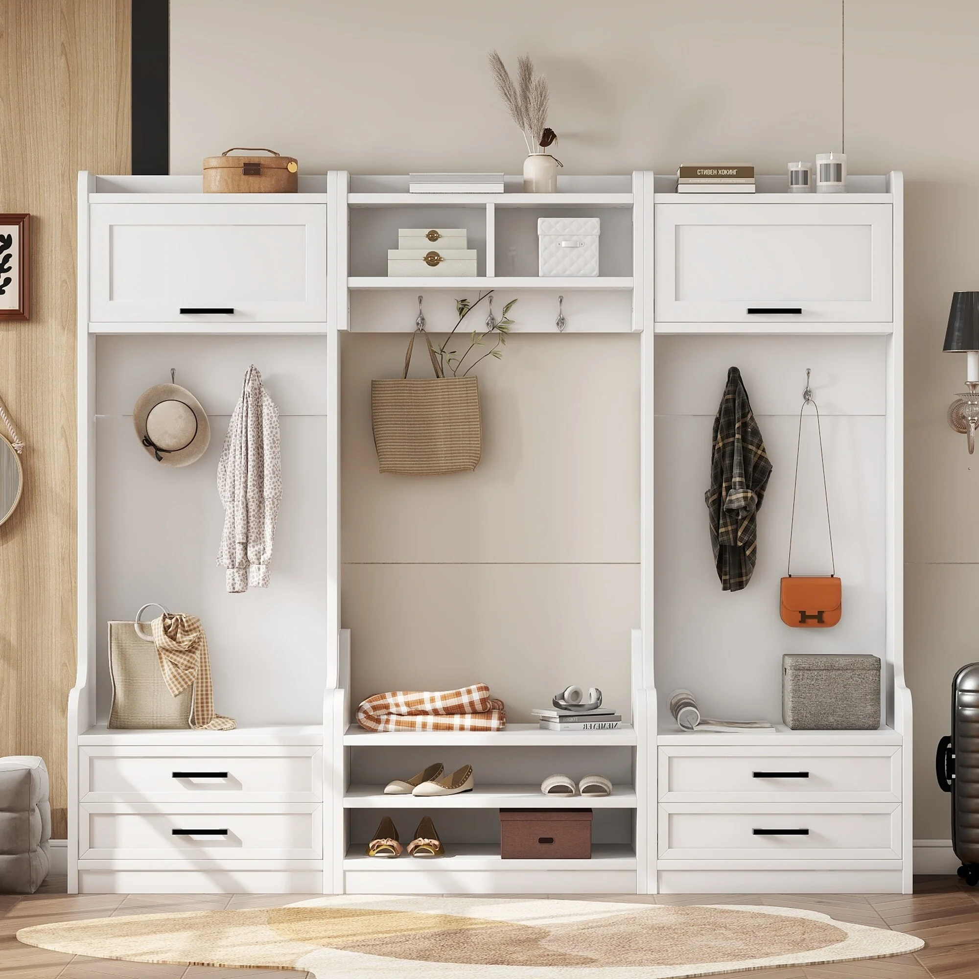 4-in-1 Detachable Hall Tree with Storage, 7 Hooks, Coat Rack, Drawers & Cabinet, Black Shoe Bench for Entryway Hallway