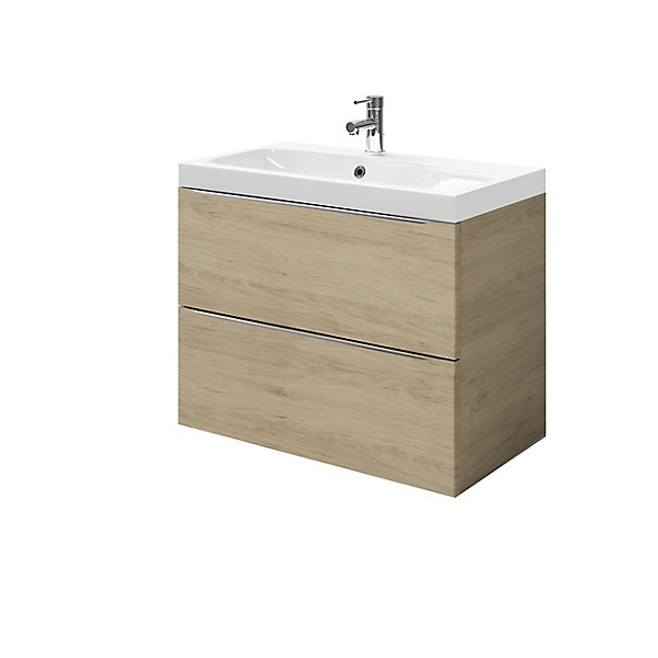 Meuble vasque suspendu effet chêne l.80 cm Imandra   plan vasque blanc résine Mila, GoodHome