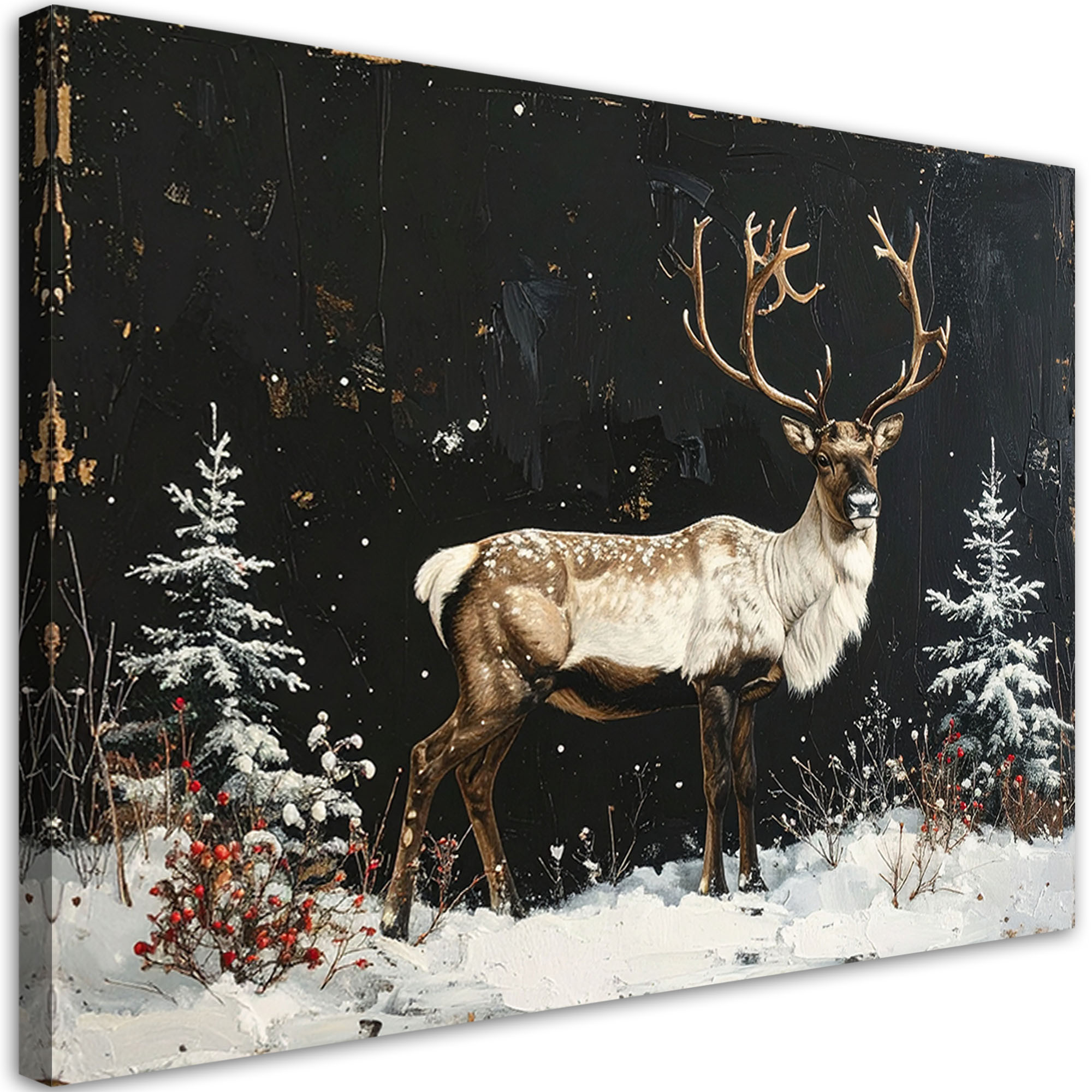 Obraz do salonu jadalni biura, Renifer zima śnieg choinki 30x20