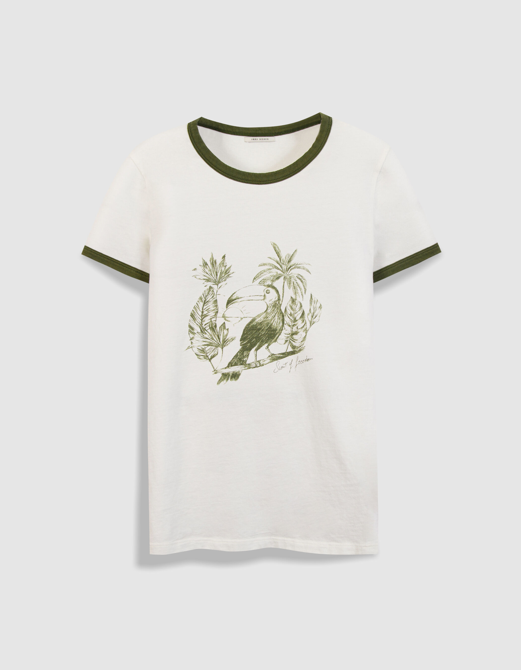 Tee-shirt manches courtes écru visuel oiseau kaki Femme