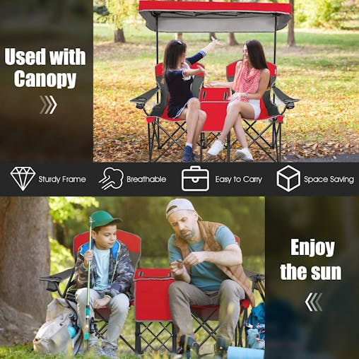 NNECW Double Folding Camping Chair with Canopy and Armrests-Red