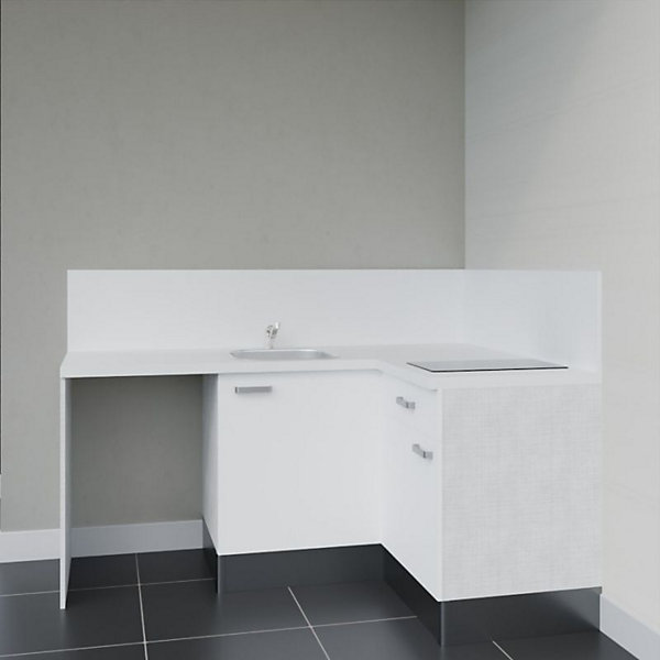 Kitchenette KA01 - 128 cm - Façades : Blanc - Plan de travail : Blanc - Crédences : Oui - Evier