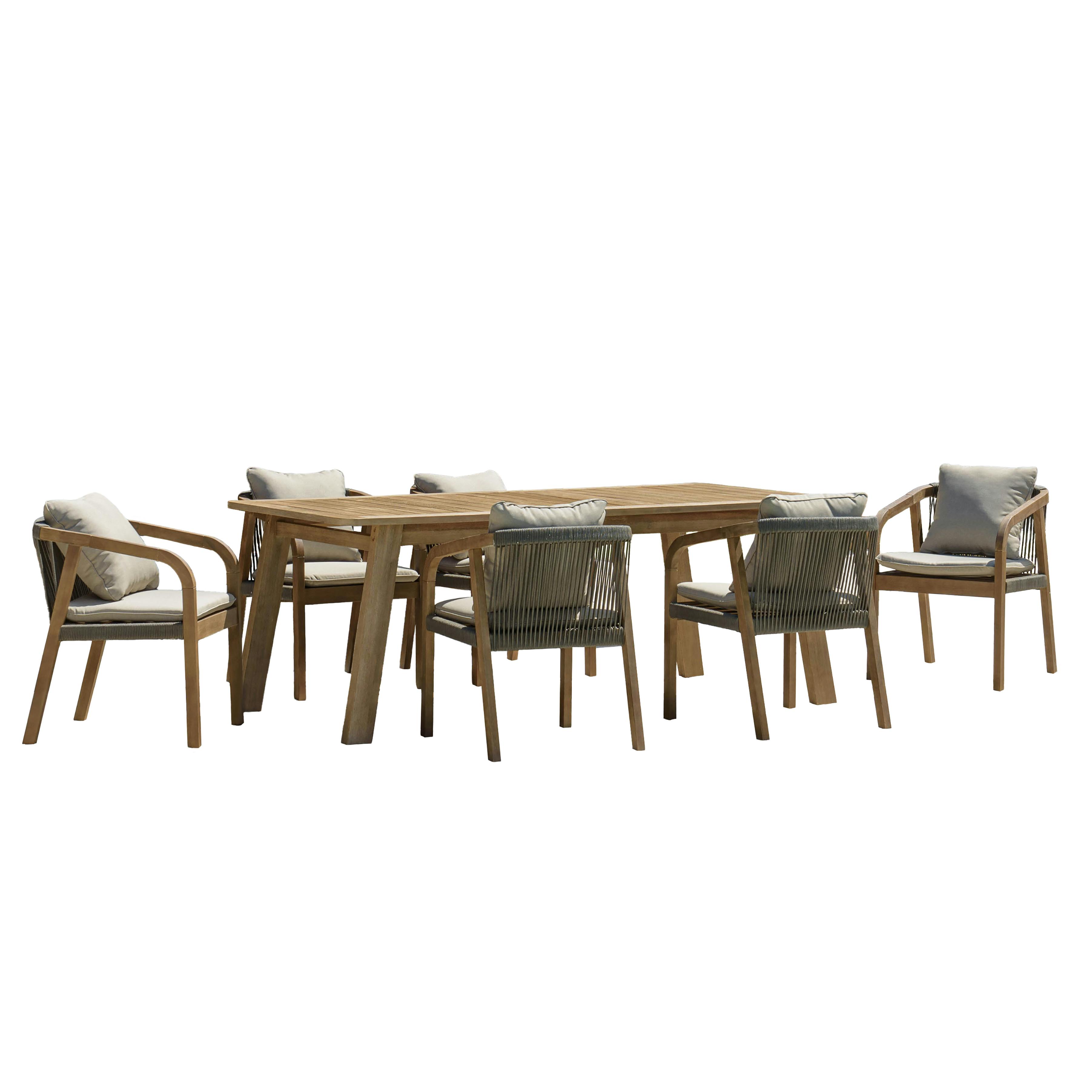 Salon de jardin table acacia et 6 fauteuils cordage vert avec coussins BAHIA