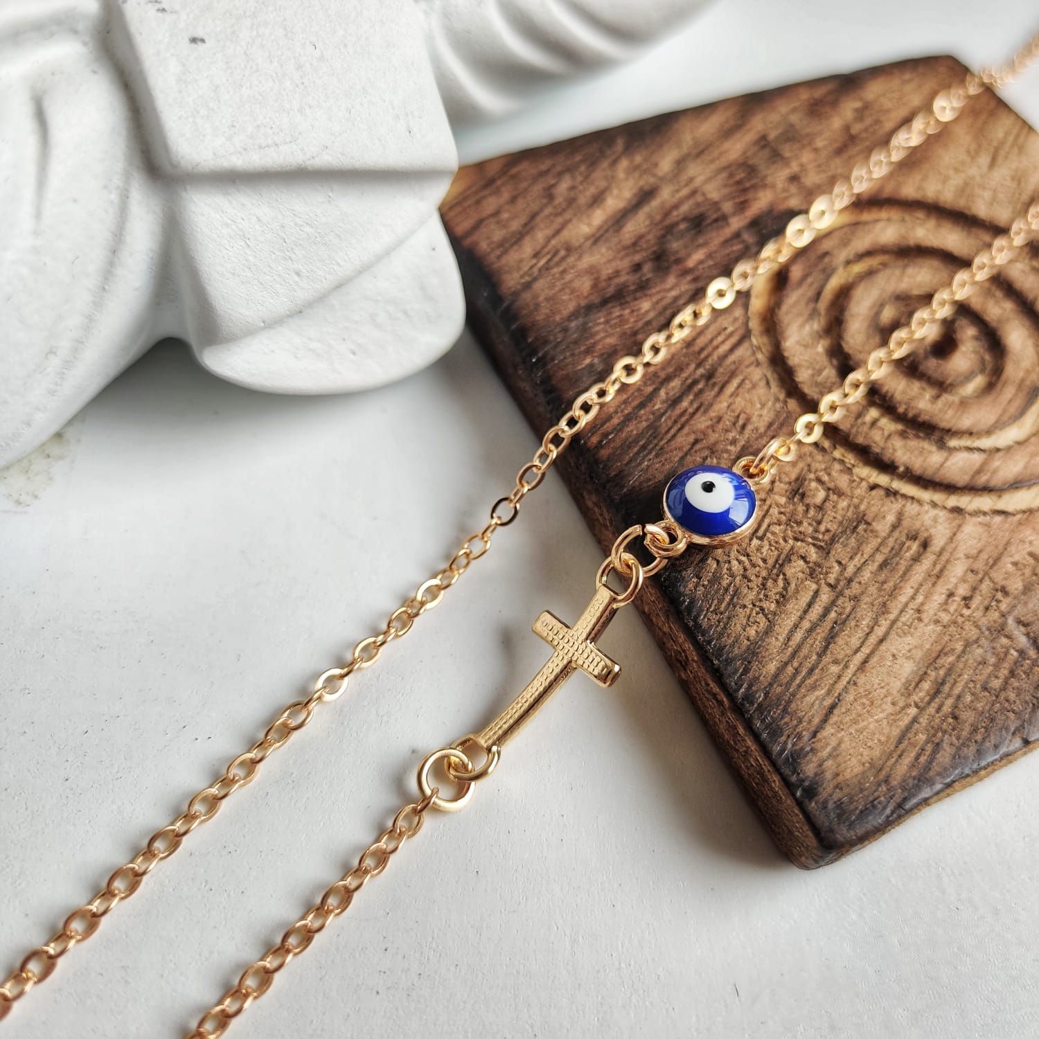 The Colourful Aura Blue Evil Eye Sideways Cross Christian Charm Minimalist Choker Dainty Necklace