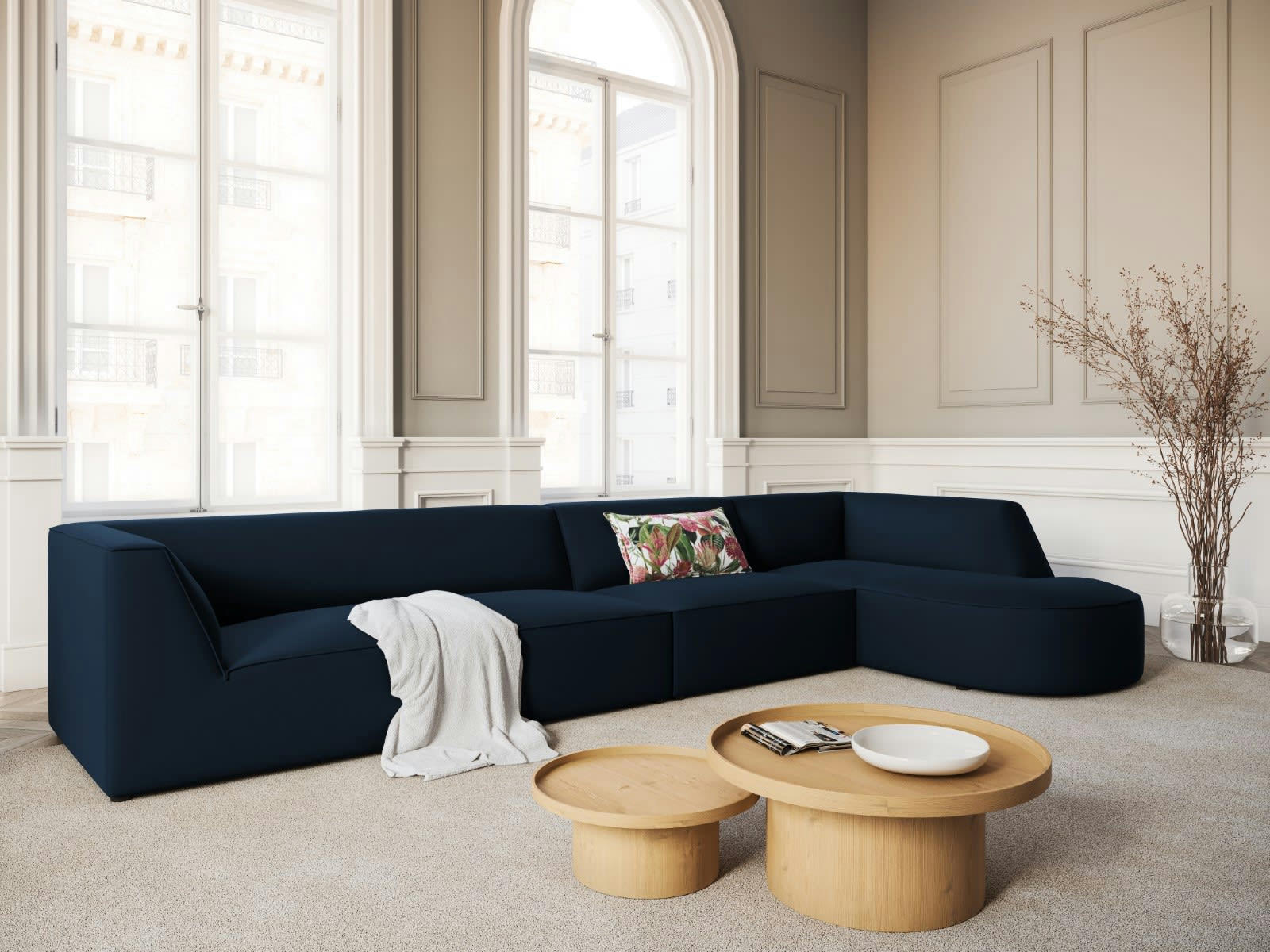 CHARLES - Canapé D'Angle Droit 5 places en Velours Bleu Foncé