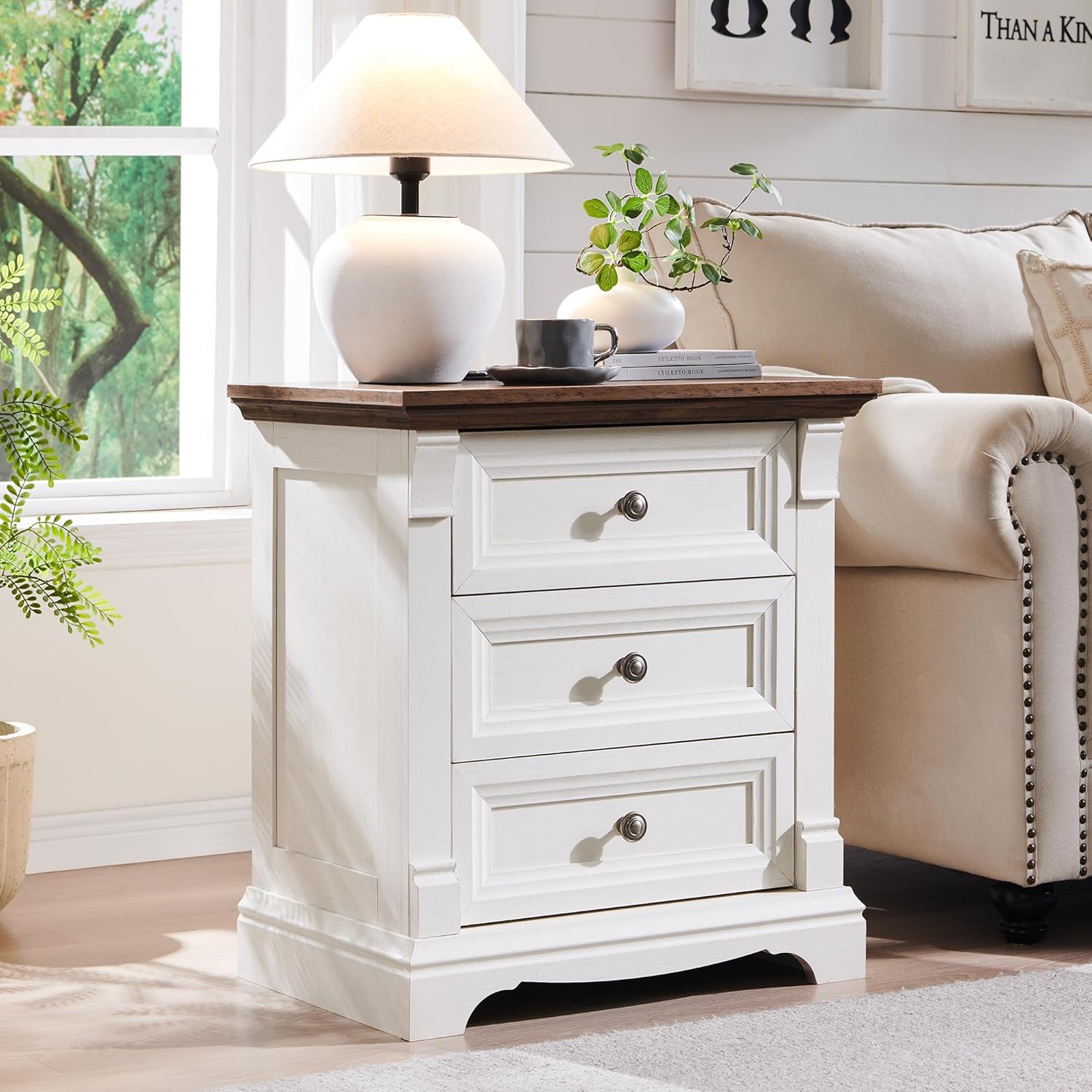 T4TREAM Farmhouse Nightstand Set of 2, 23.6 End Table with 3 Drawers Storage, Wood Side Table w/Roman Column, End Tables Living Room Set of 2, Bedside Cabinet for Bedroom, Living Room, Antique White