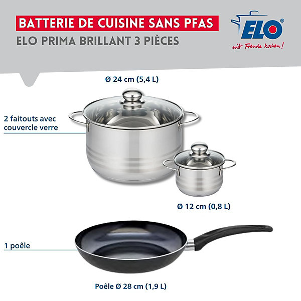 Ensemble de 1 Poêle de cuisson 28 cm et 2 faitouts 12 et 24 cm Elo Prima Brillant