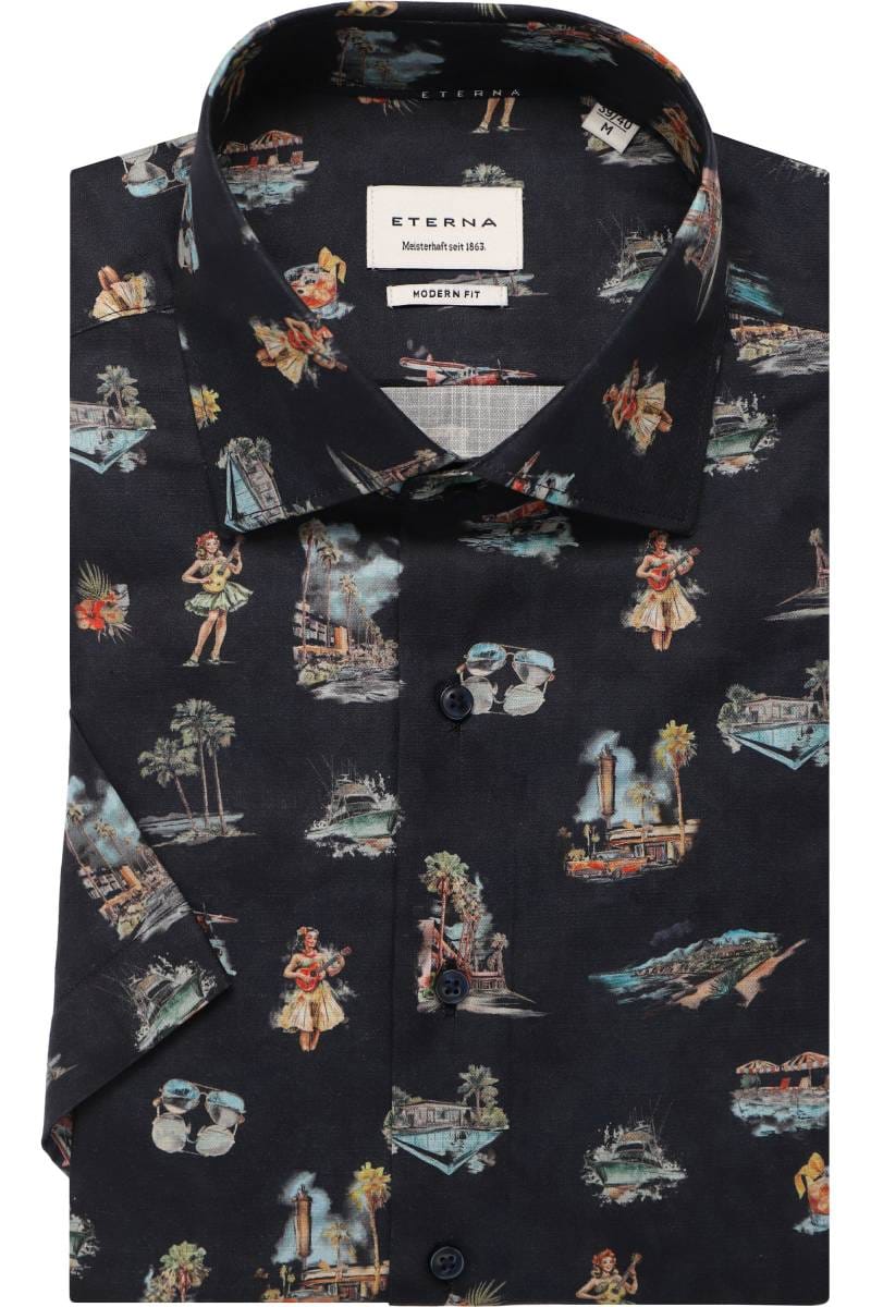 ETERNA Modern Fit Tencel Hemd marine, Bedruckt