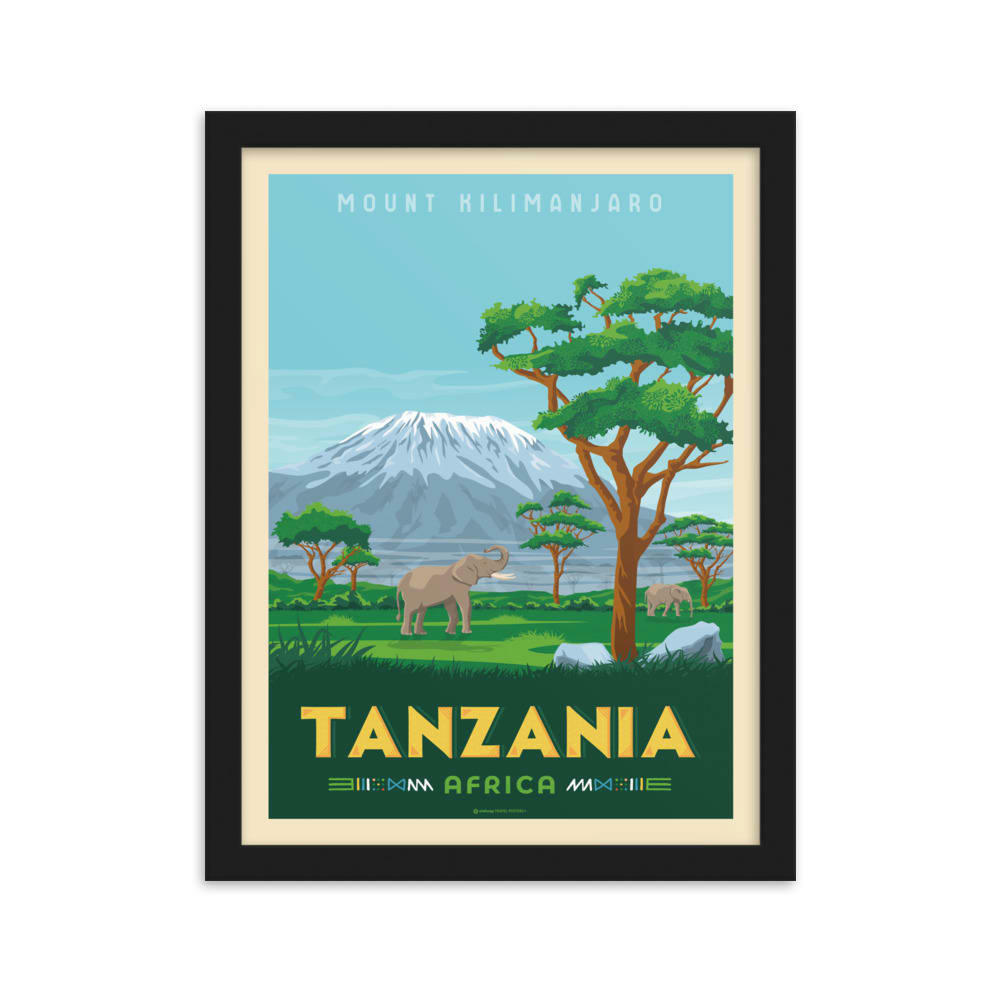 - Affiche Tanzanie Mont Kilimandjaro + Cadre Bois noir 21x29,7 cm