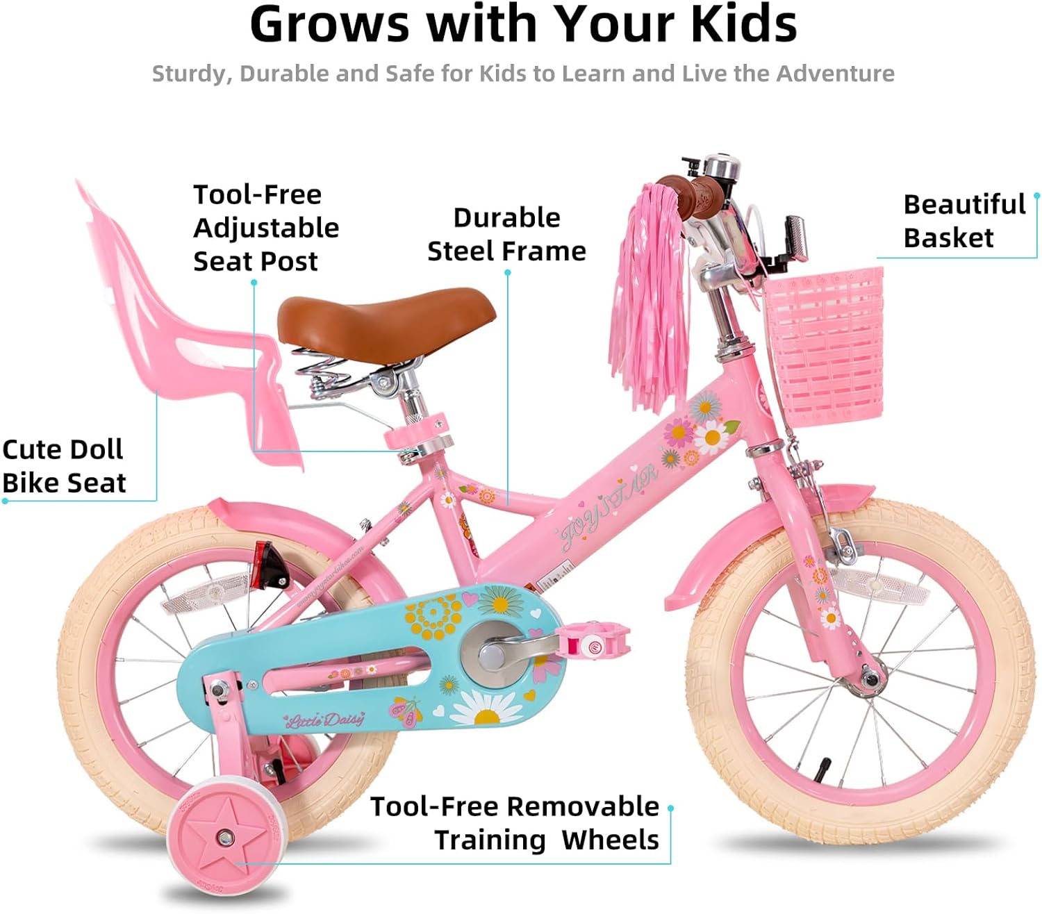 JOYSTAR Little Daisy Kids Bike for Girls Boys Ages 2-7 Years, 12 14 16 Inch Girls Bikes with Doll Bike Seat & Streamers, Boys Bike with Flag & Number Plate, Multiple Colors